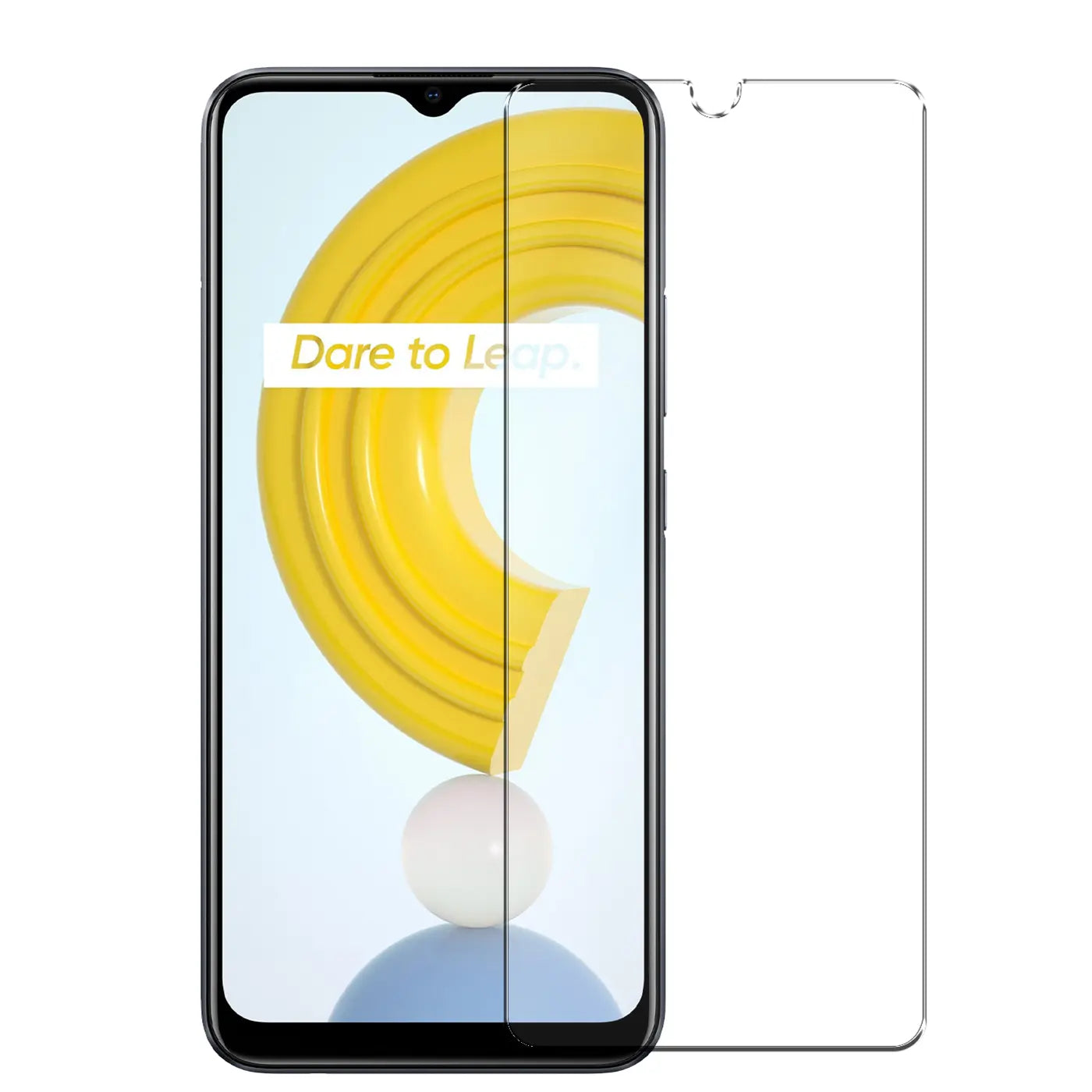 Realme C21 Smartphone mit transparentem Panzerglas-Displayschutz (Glas) daneben, von vorne.