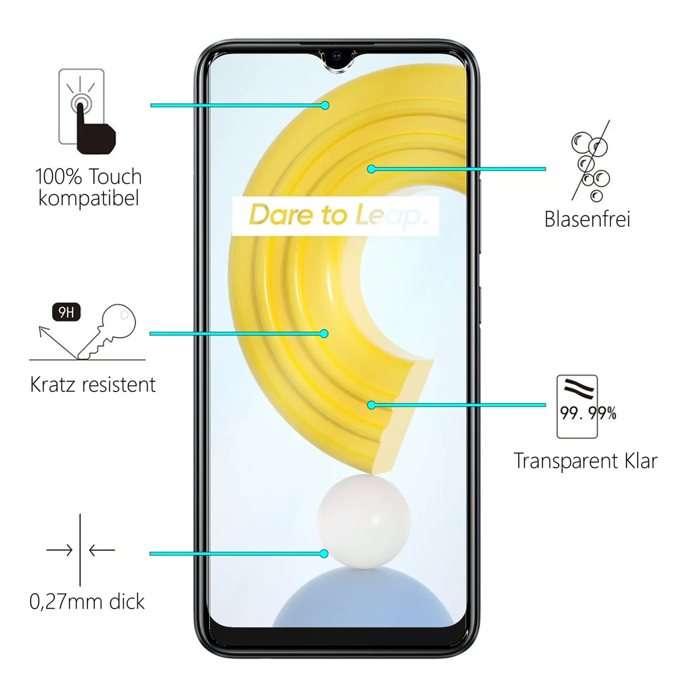 Realme C21 Smartphone mit Panzerglas-Displayschutz von vorne. Türkise Linien zeigen auf Eigenschaften wie "Kratz resistent".