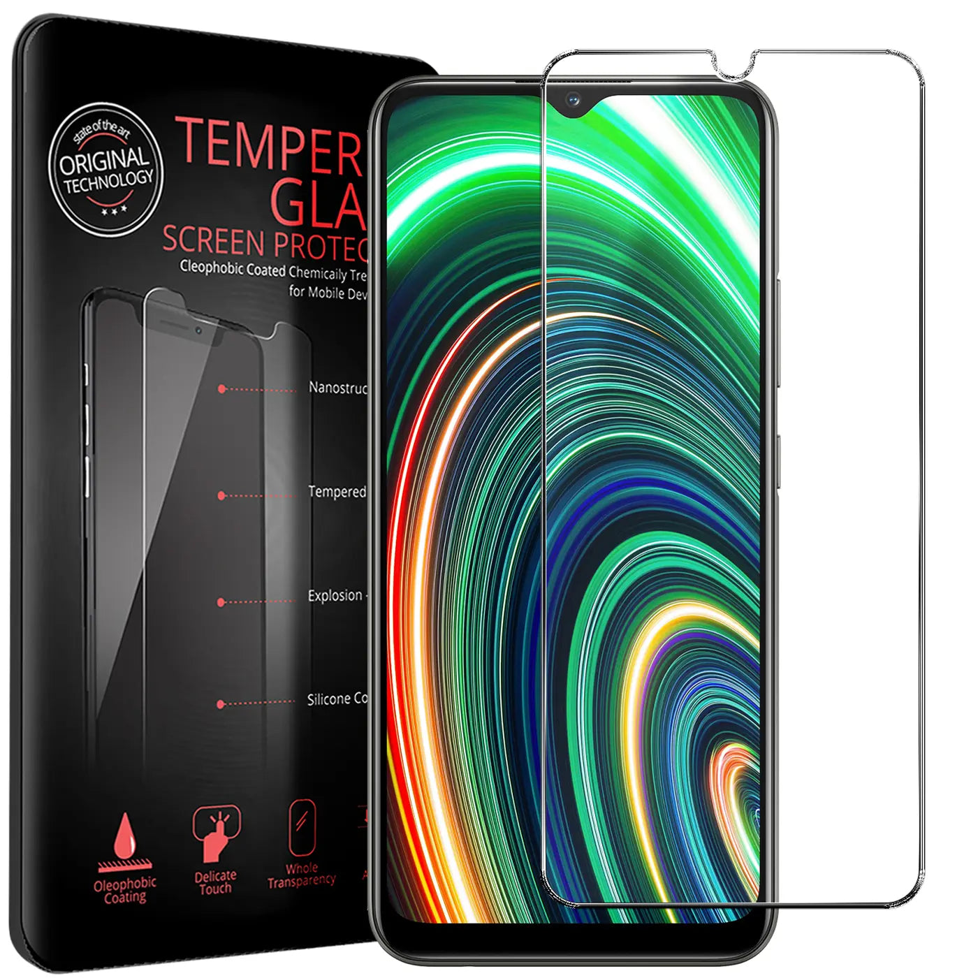 Schwarze Verpackung mit "TEMPER GLASS" Schriftzug, daneben ein Realme C25Y/C21Y mit Displayschutzfolie und eine weitere.