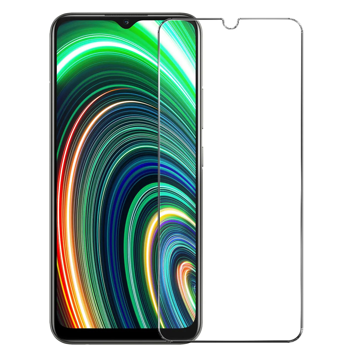 Realme C25Y/C21Y Smartphone mit halb aufliegendem, transparentem Panzerglas Displayschutz von vorne.