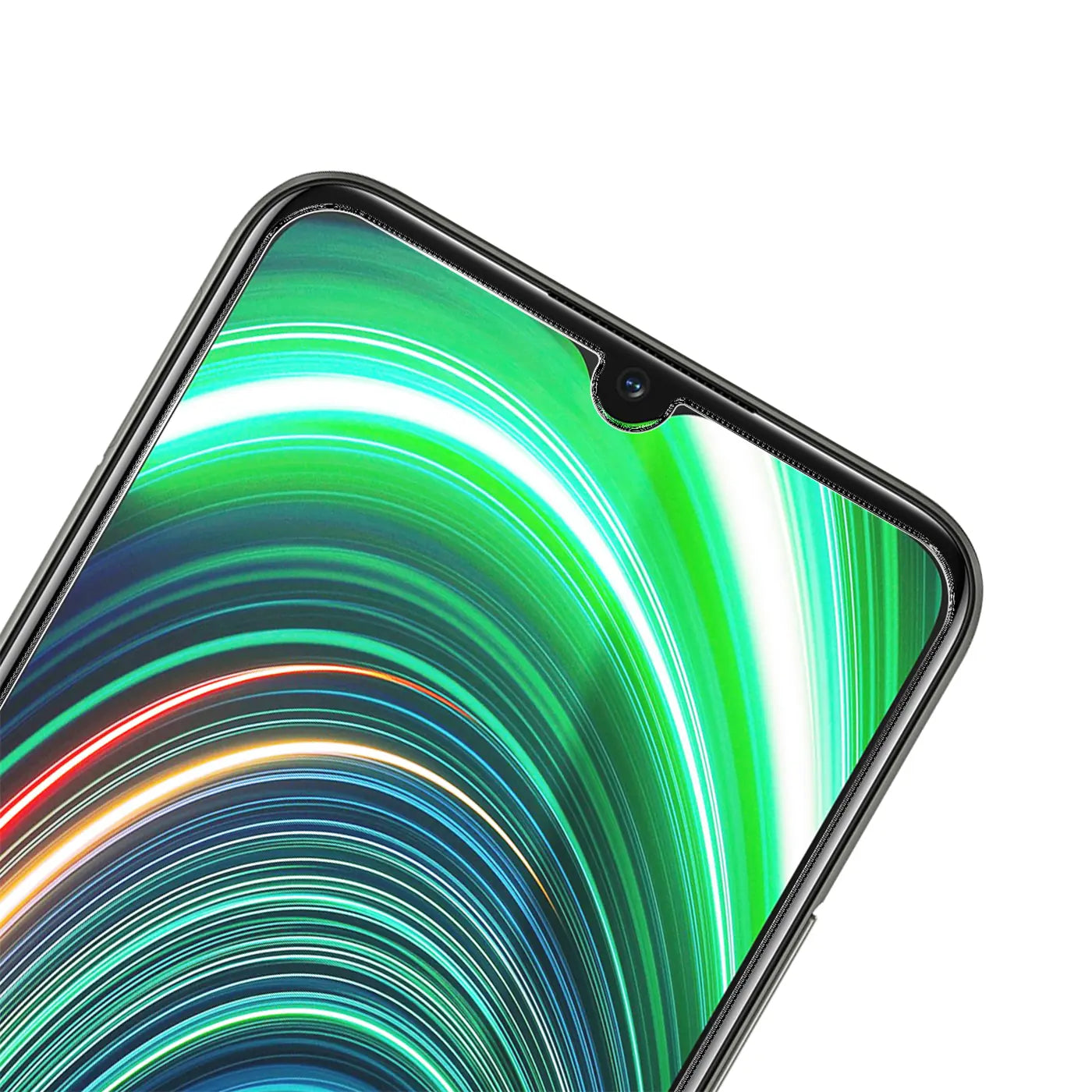 Nahaufnahme eines Realme C25Y/C21Y Smartphones mit schwarzem Rahmen und installiertem, transparentem Panzerglas.