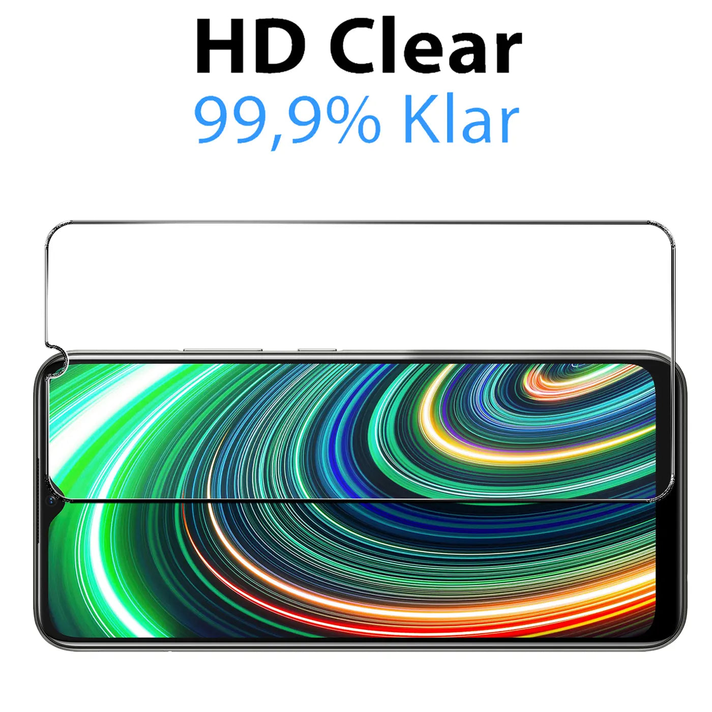Klares Panzerglas auf einem schwarzen Realme C25Y/C21Y Smartphone mit abstraktem, farbigem Display. Frontalansicht.