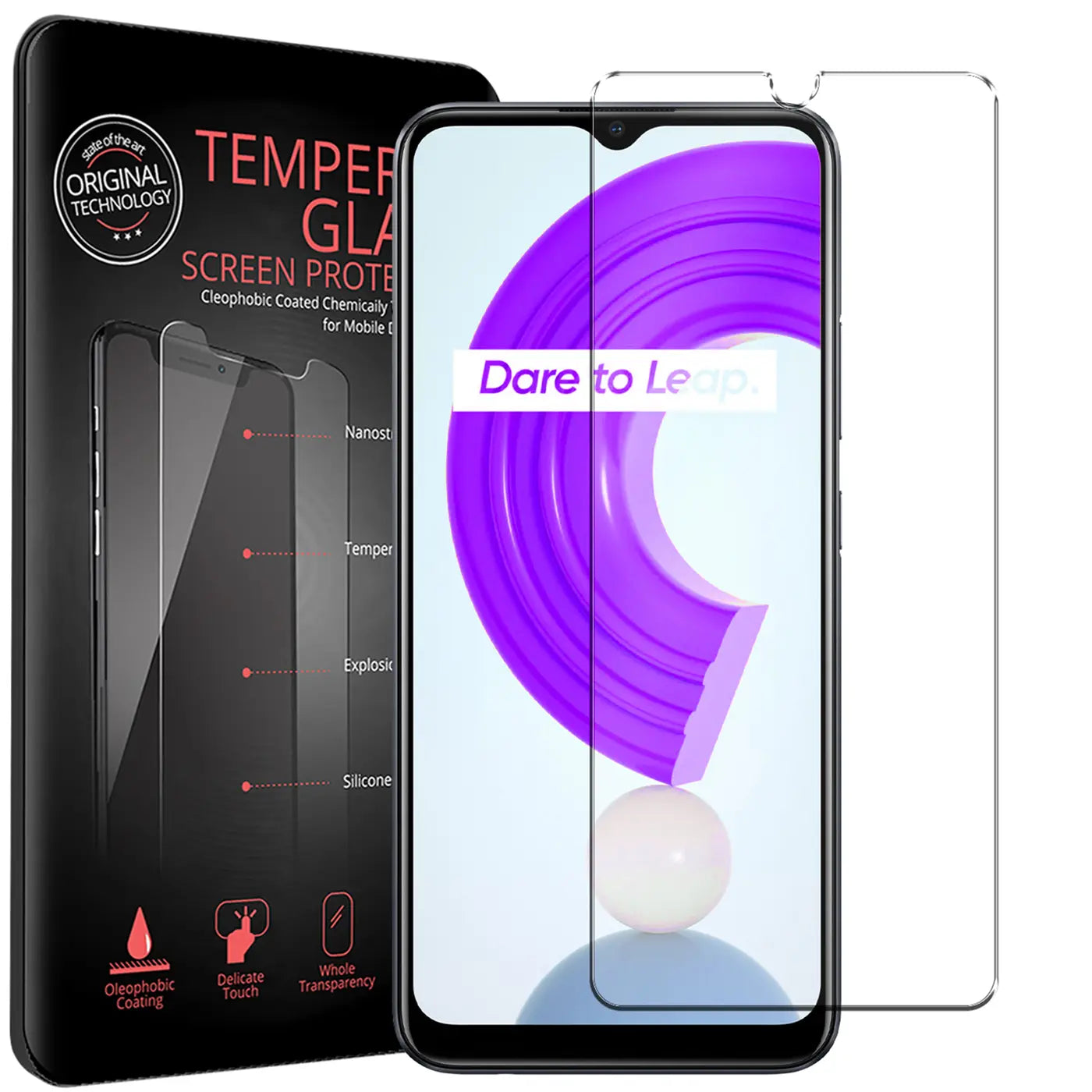 Zwei transparente Panzerglas-Displayschutzfolien für Realme C31, eine auf dem Handy, eine daneben. Schwarze Verpackung links.