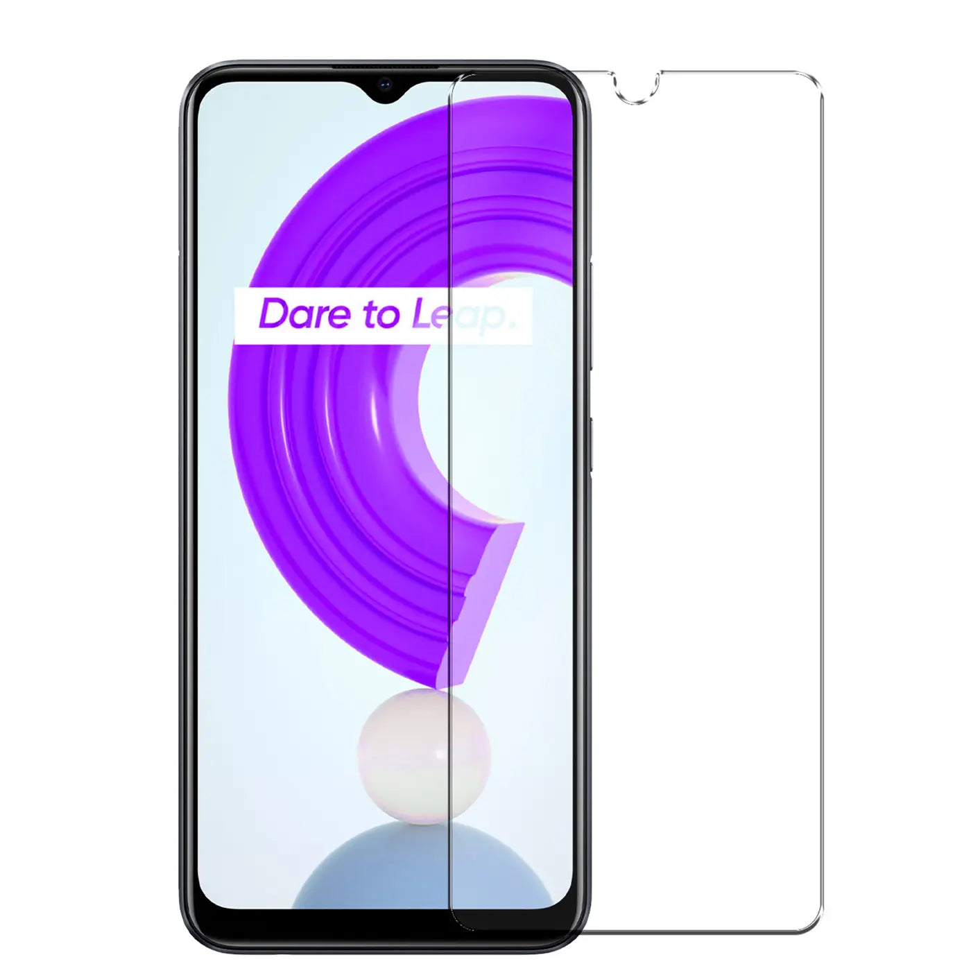 Realme C31 Handy mit schwarzem Rahmen, frontal, mit halb aufgebrachtem, transparentem Panzerglas Displayschutz.