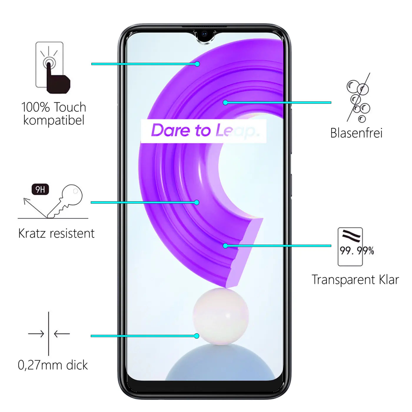 Realme C31 Smartphone mit transparentem Panzerglas-Displayschutz, von vorne, Eigenschaften wie 9H Härte gezeigt.