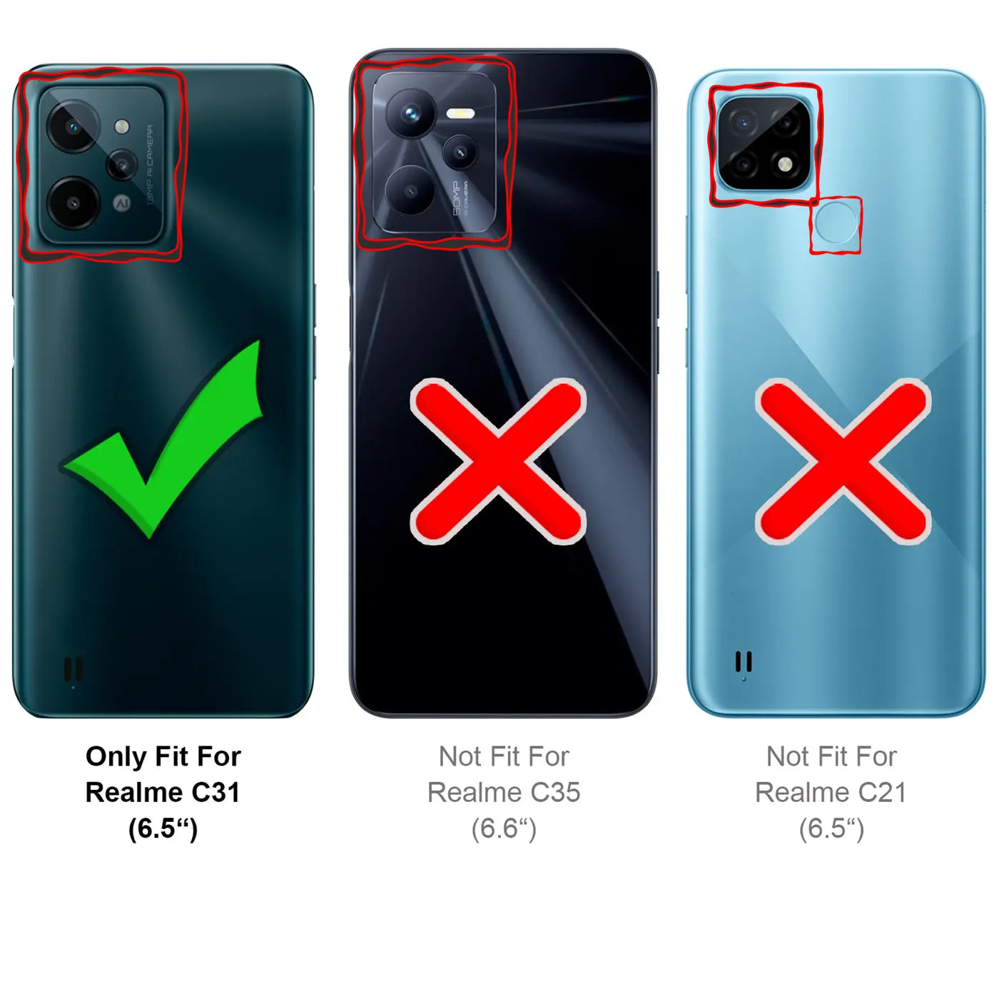 Rückseiten von 3 Smartphones: Realme C31 (grün, Haken), Realme C35 (schwarz, X), Realme C21 (blau, X).