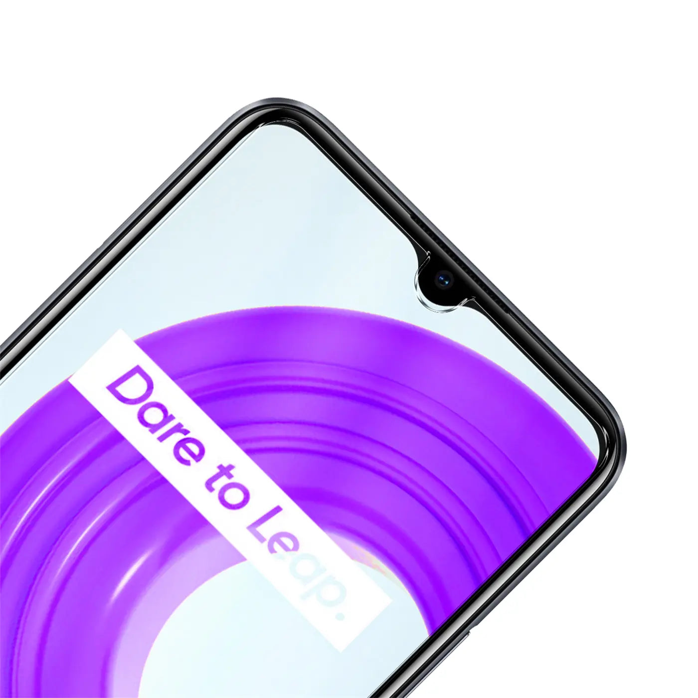 Nahaufnahme des oberen Bereichs eines schwarzen Realme C31 Smartphones mit lila Display-Hintergrund und "Dare to Leap".