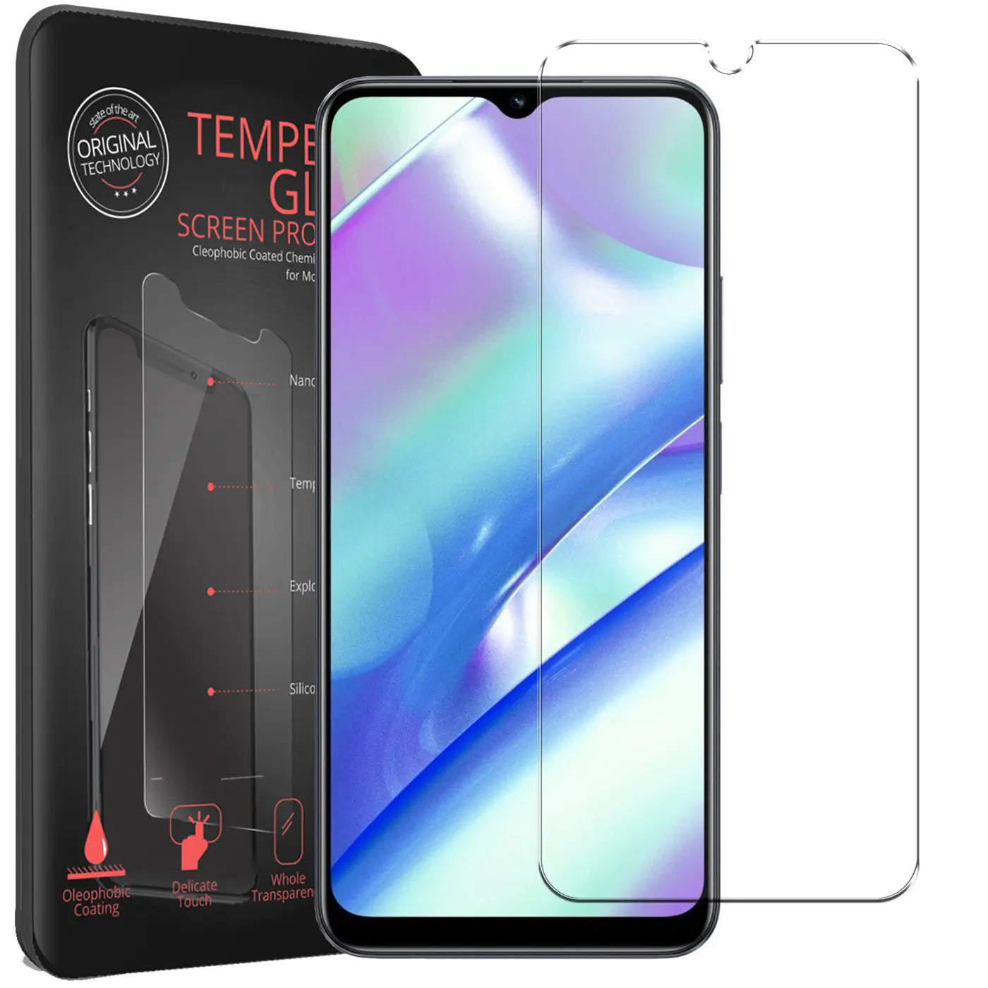 Schwarzes Realme C33 Smartphone mit angebrachtem, transparentem Panzerglas und ein zweites daneben. Links die schwarze.