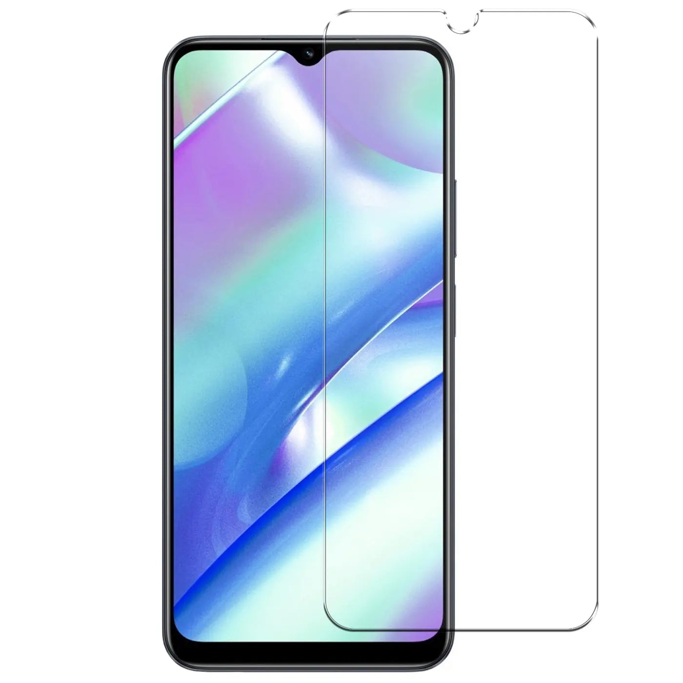 Realme C33 Smartphone mit halb aufliegendem, transparentem Panzerglas-Displayschutz von vorne, weißer Hintergrund.