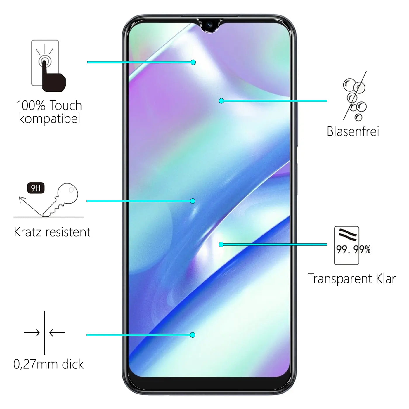 Realme C33 Smartphone mit transparentem Panzerglas-Displayschutz, Frontalansicht. Eigenschaften hervorgehoben.