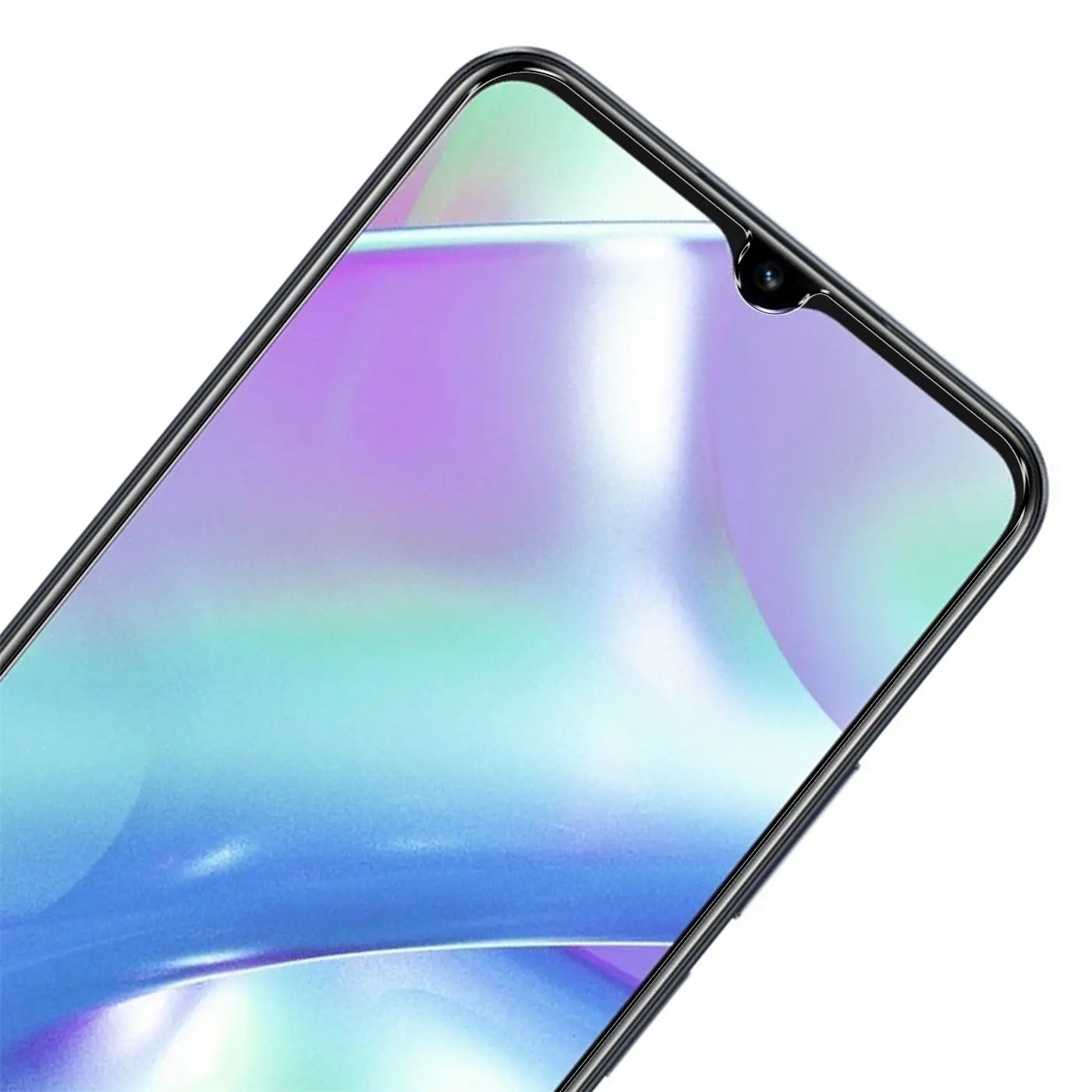 Nahaufnahme des oberen Bereichs eines schwarzen Realme C33 Handys mit glänzendem, transparentem Panzerglas-Displayschutz.