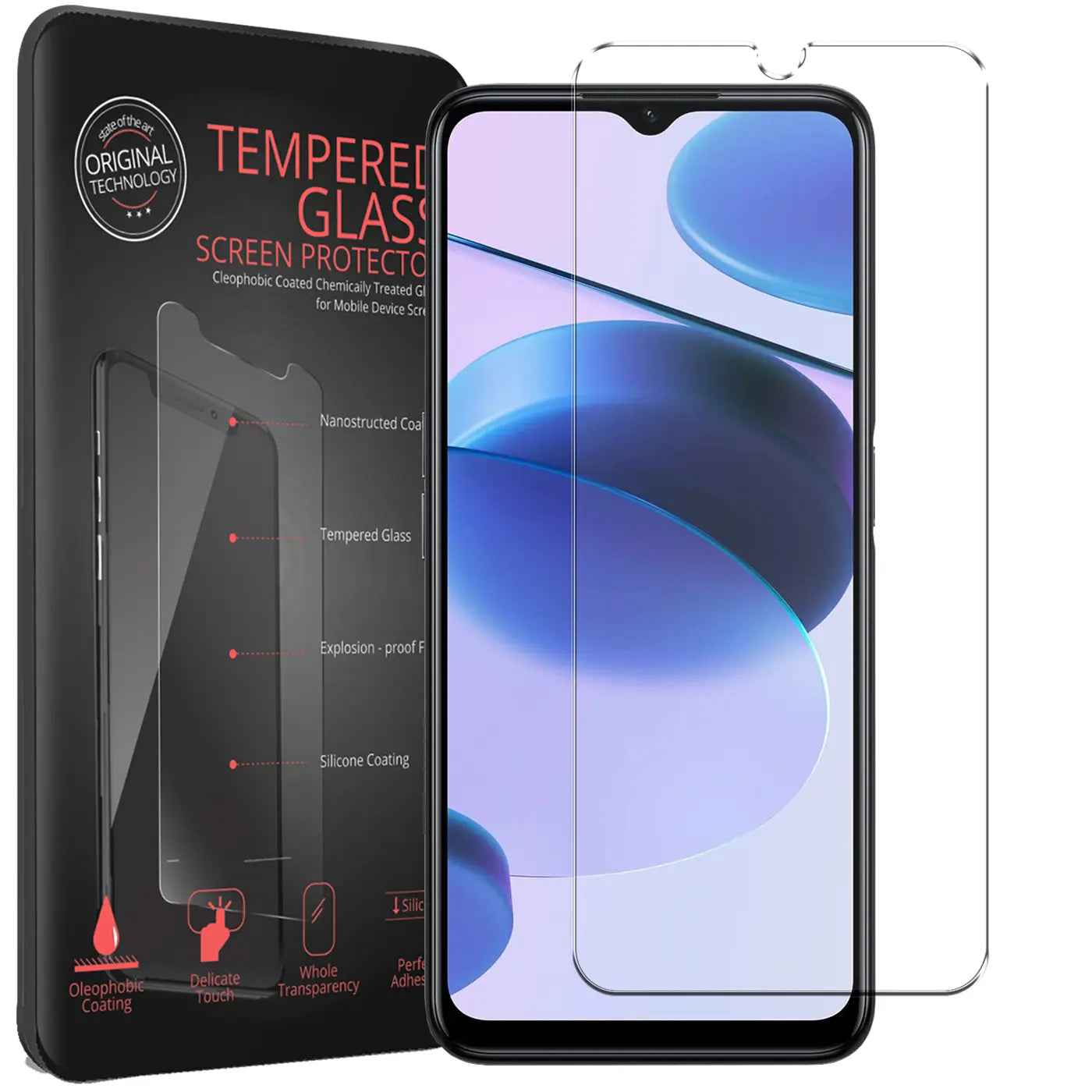 Schwarze Verpackung für "Tempered Glass Screen Protector" mit einem Realme C35 und zwei klaren Panzergläsern.