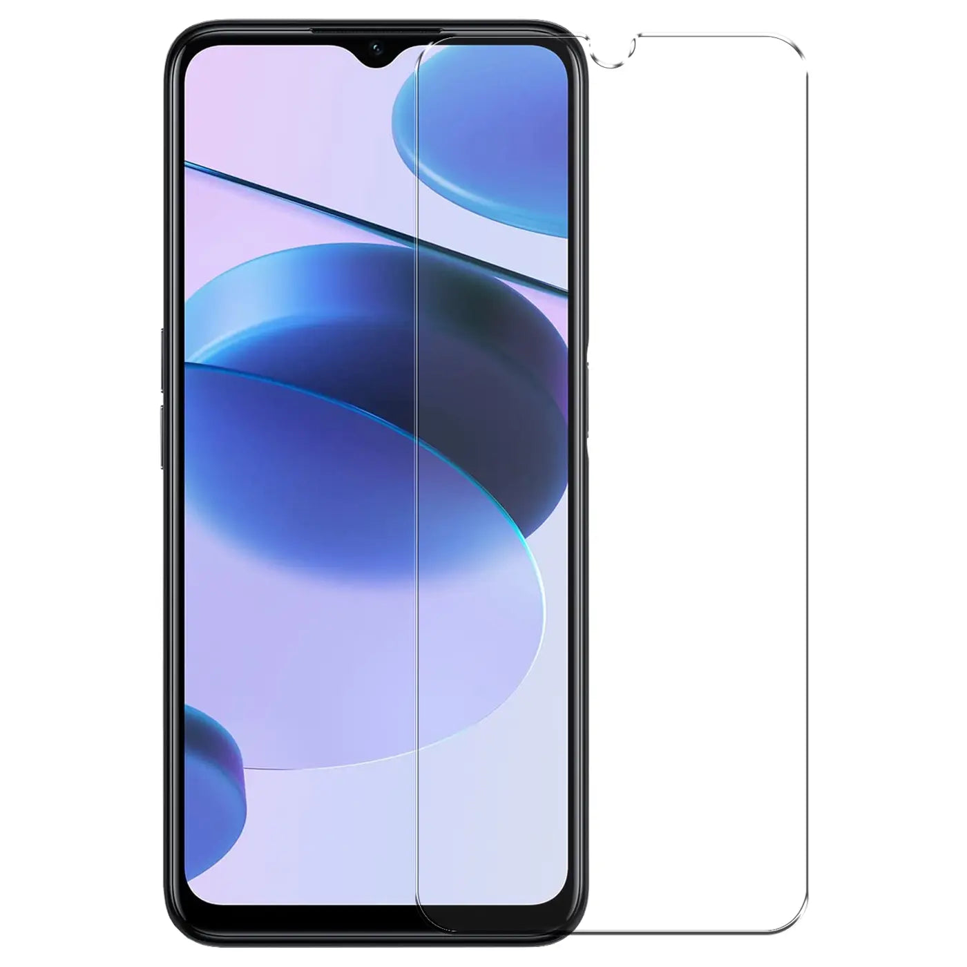 Realme C35 Smartphone mit transparentem Panzerglas-Displayschutz (links) und zweitem Schutzglas (rechts).