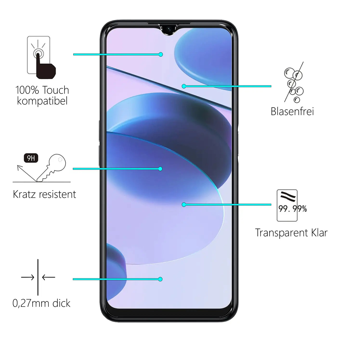 Schwarz-silbernes Realme C35 Smartphone mit Panzerglas-Displayschutz, frontal, umgeben von Produktmerkmal-Icons.