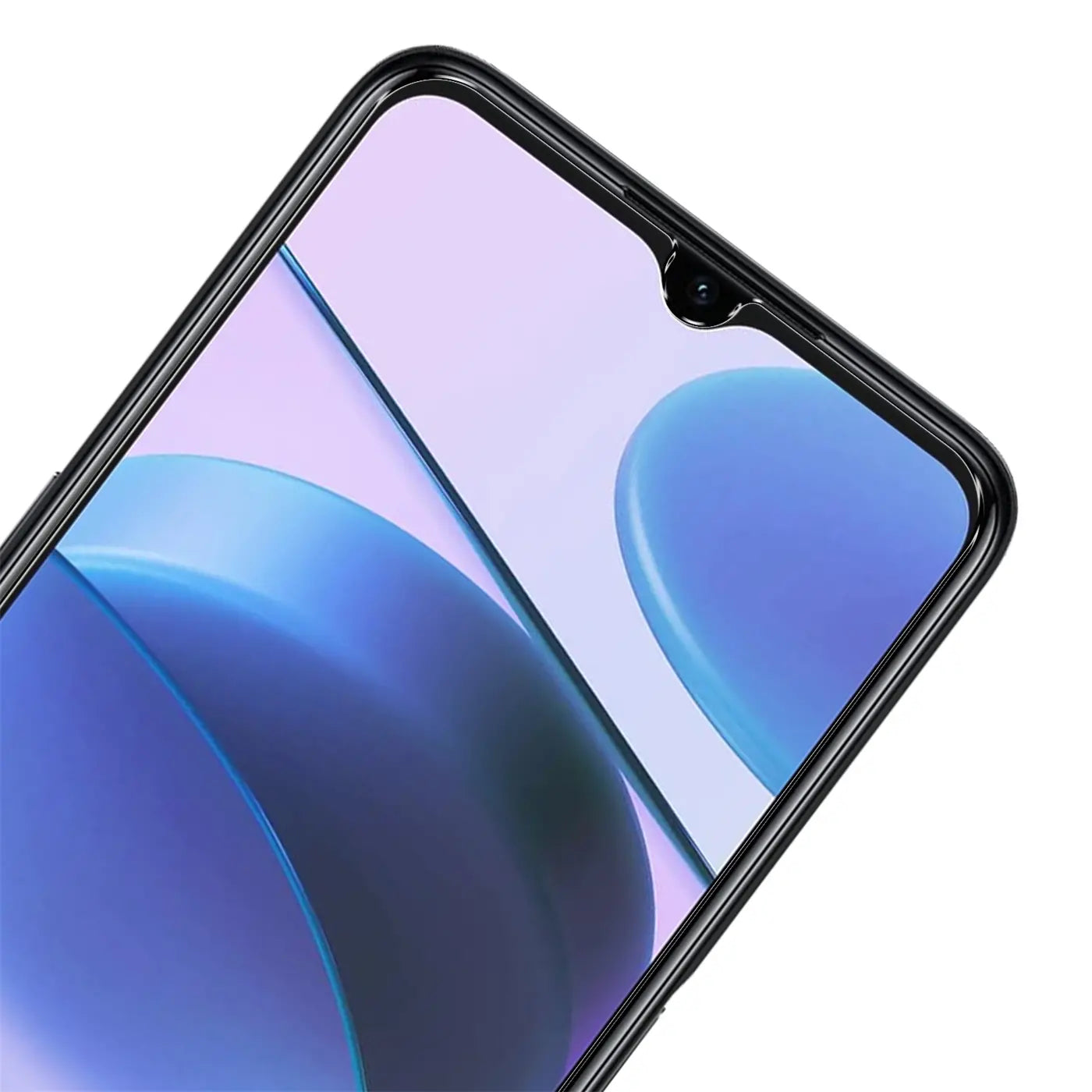 Nahaufnahme eines Realme C35 Smartphones mit schwarzem Rahmen und glänzendem Panzerglas-Displayschutz.