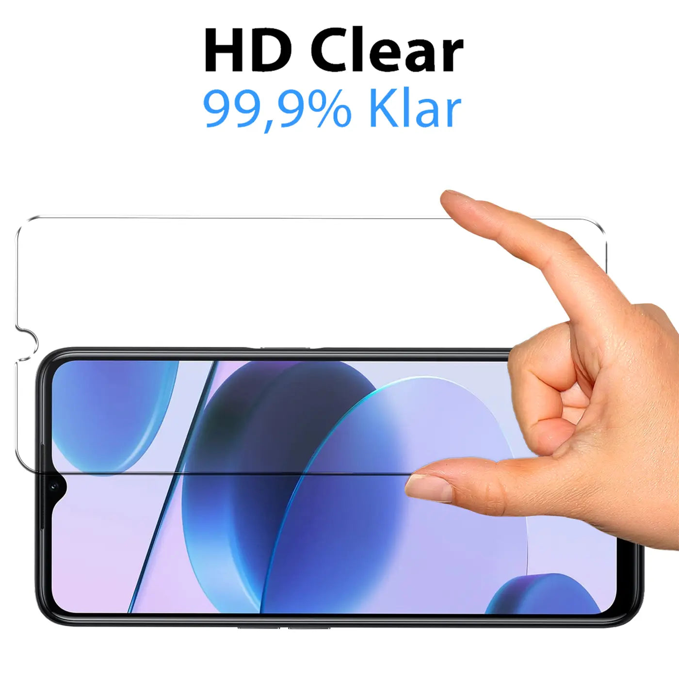 Transparenter Panzerglas Displayschutz für Realme C35, von Hand über schwarzem Smartphone gehalten.