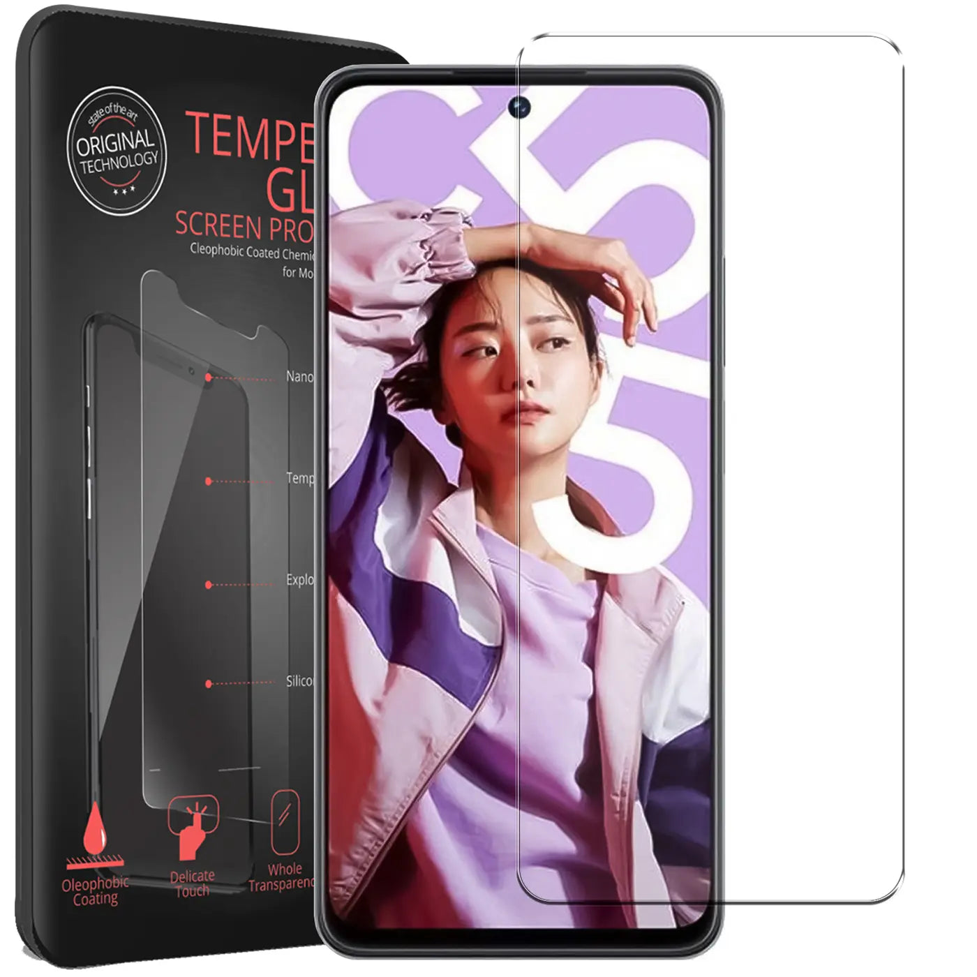 Schwarze Verpackung, Realme C55 Handy mit Displayschutzfolie, und eine weitere transparente Panzerglasfolie daneben.