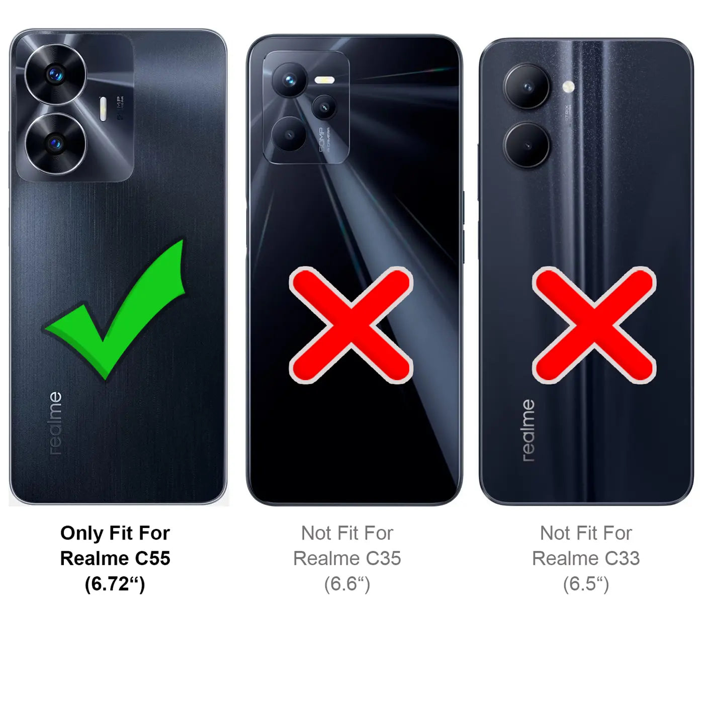 Rückseiten von drei schwarzen Realme Handys: C55 mit grünem Haken, C35 und C33 mit rotem X.