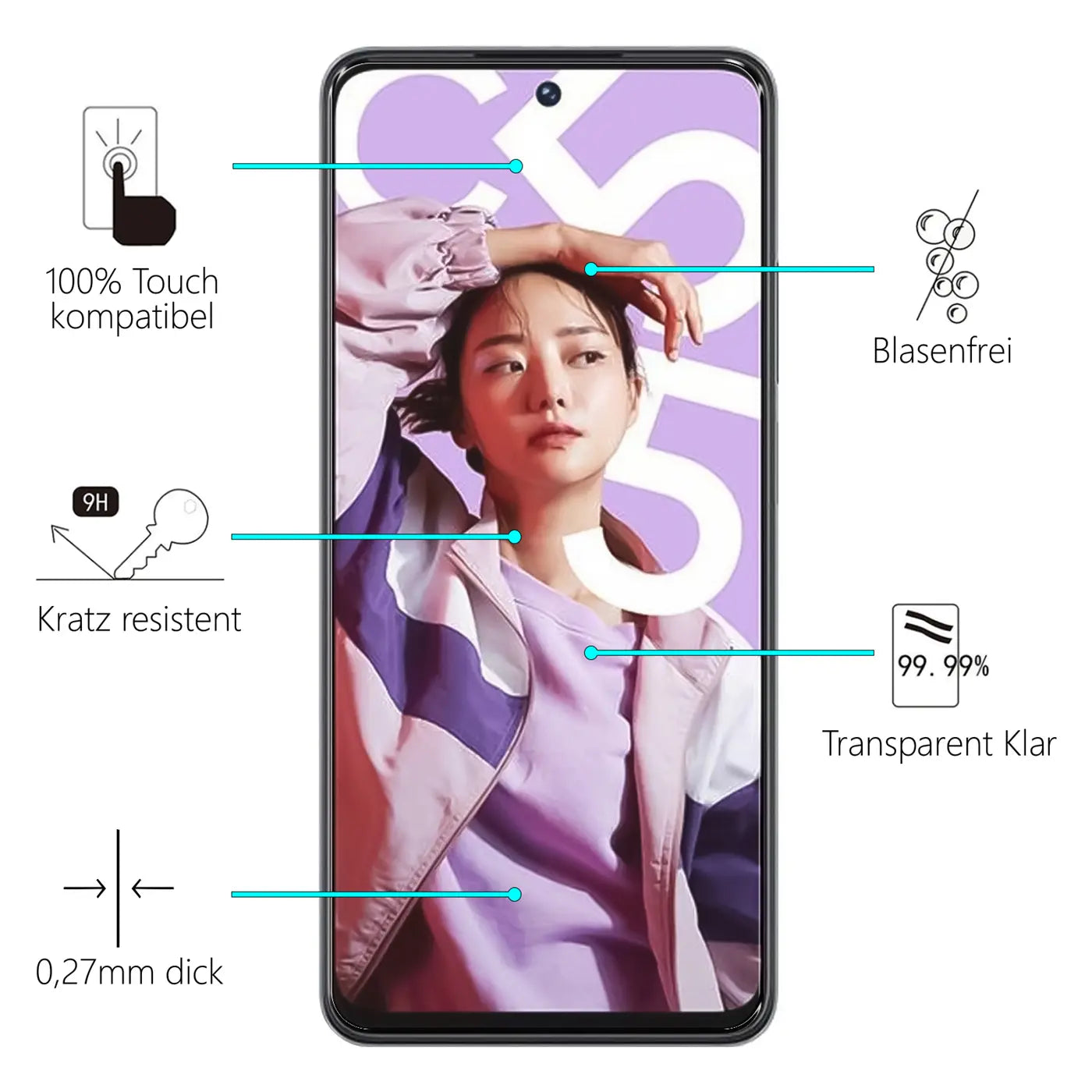 Realme C55 Handy mit Panzerglas-Displayschutz, Frontansicht. Frau auf Display, Produktmerkmale daneben.