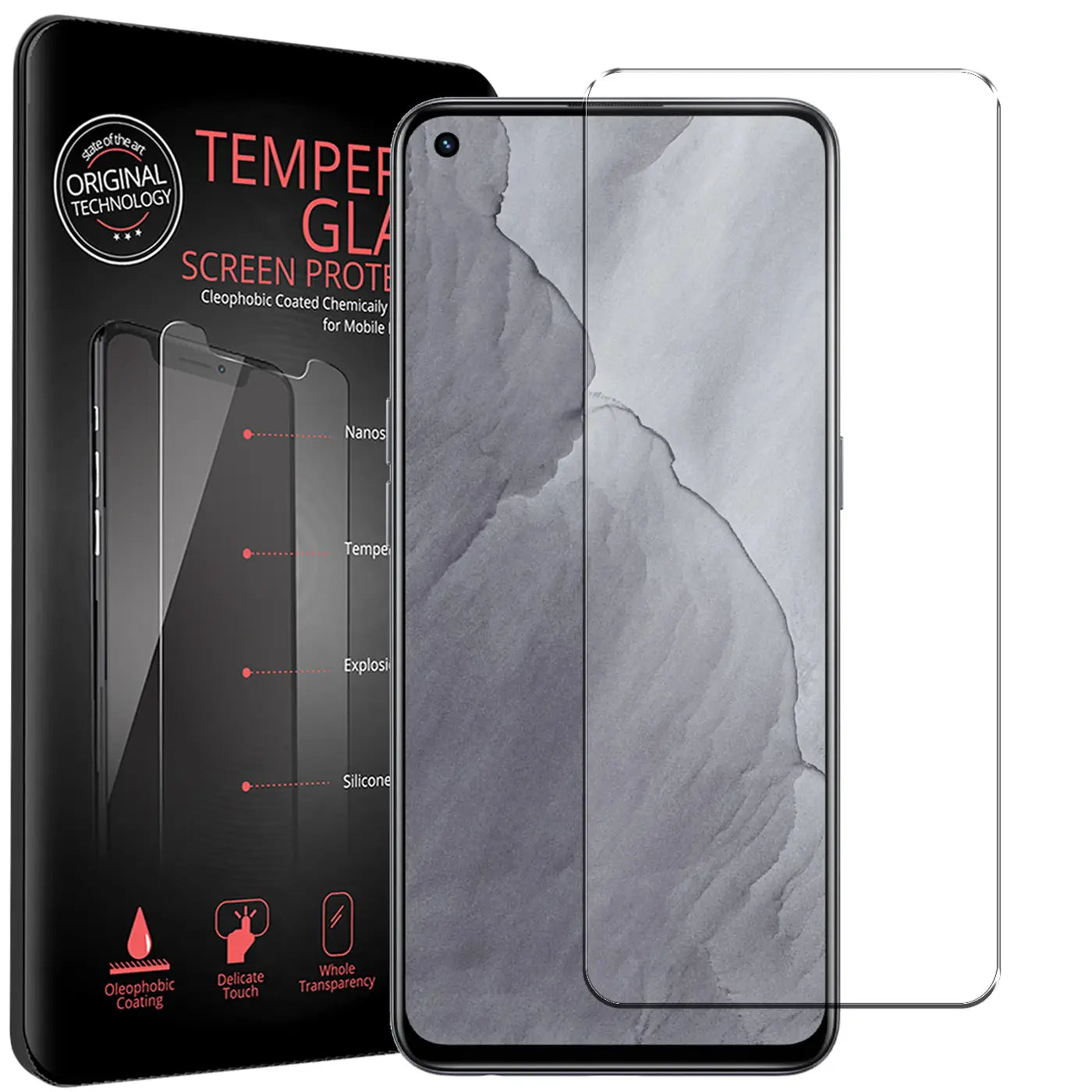 Realme GT 5G mit 2 transparenten Panzerglas-Displayschutzfolien (9H) und schwarzer Verpackung, schräg von vorne.