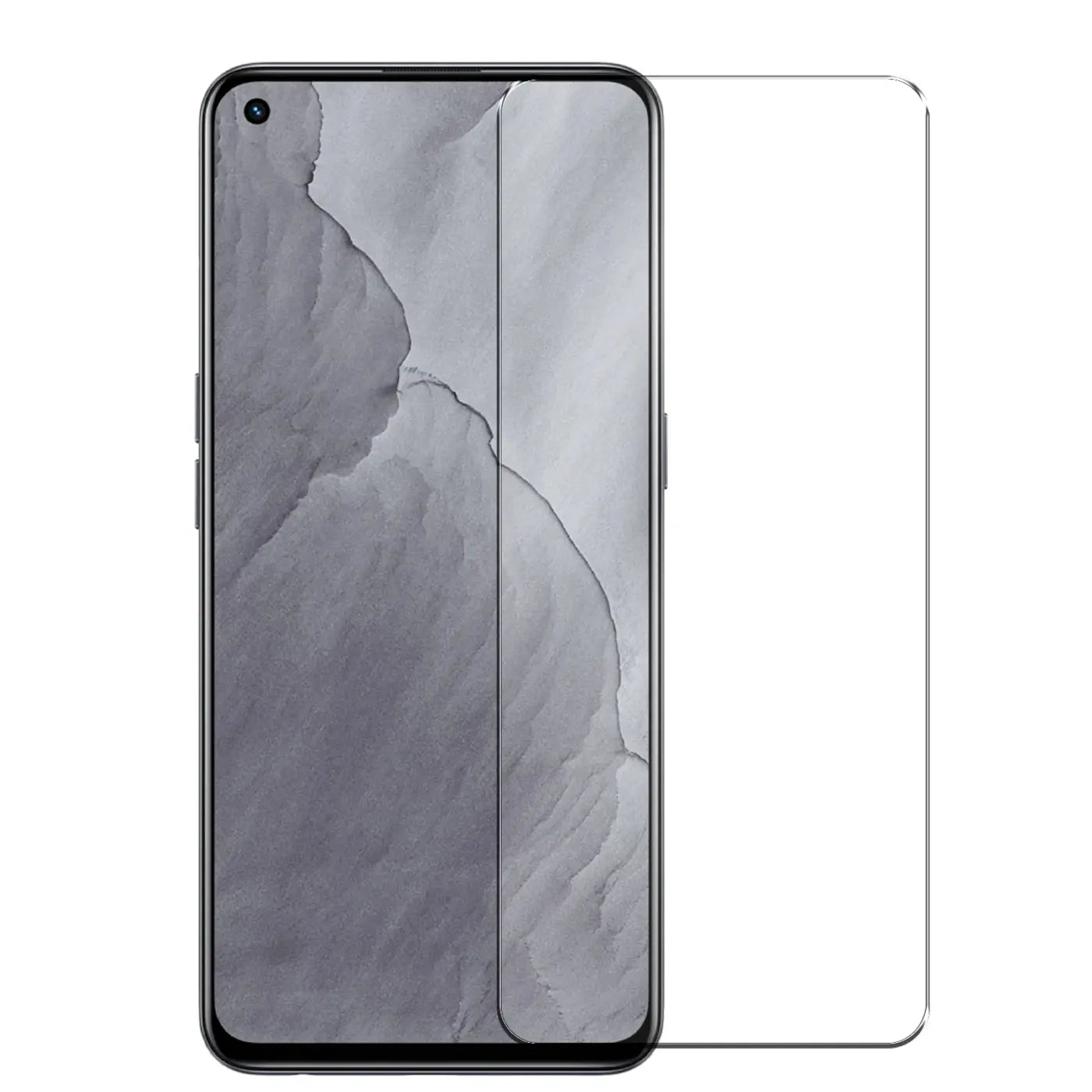 Realme GT 5G Smartphone, schwarz, mit zwei transparenten Panzerglas-Displayschutzfolien, schräg von oben.