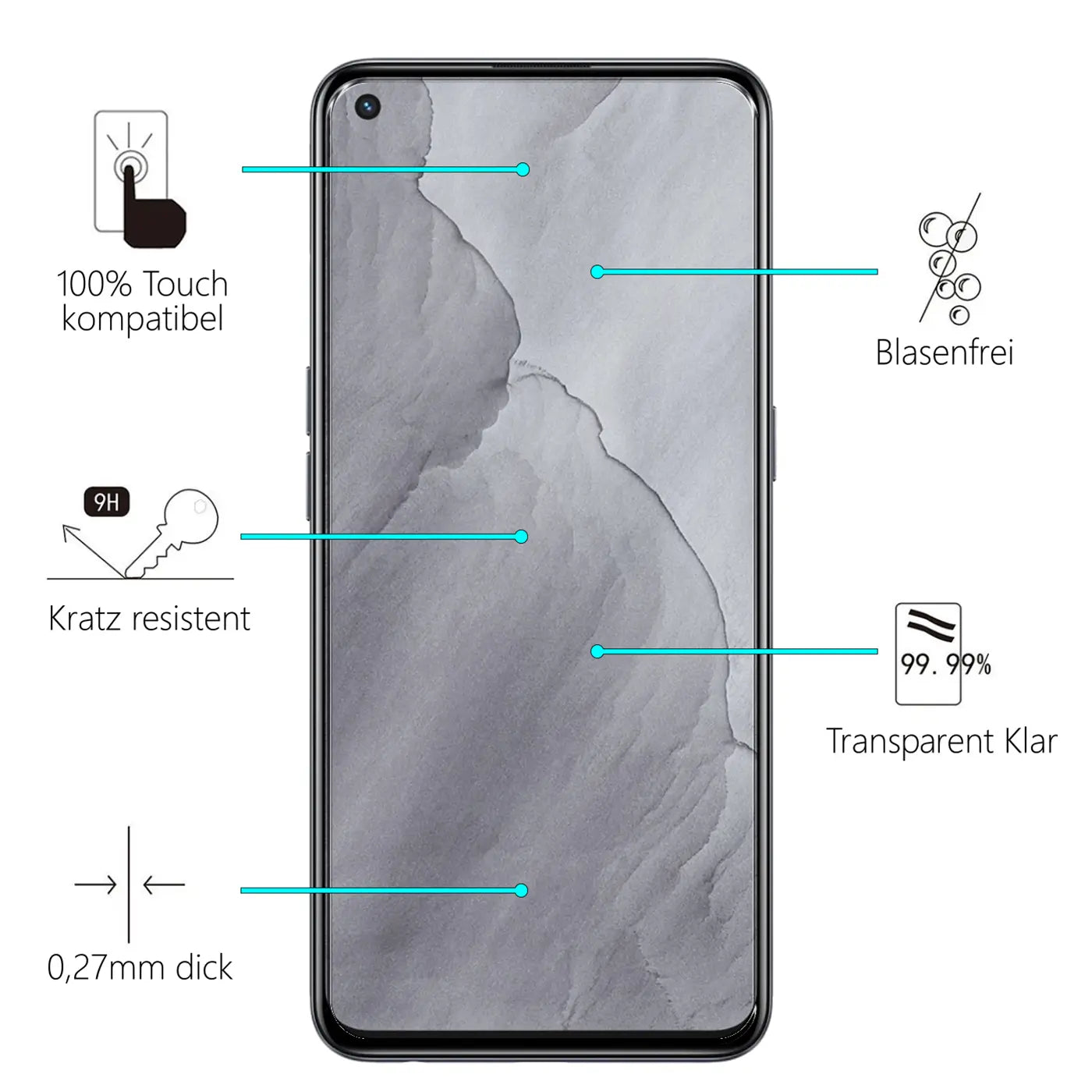 Schwarzes Realme GT 5G von vorne mit Panzerglas-Displayschutz. Blaue Linien zeigen auf Eigenschaften wie 9H Härte.
