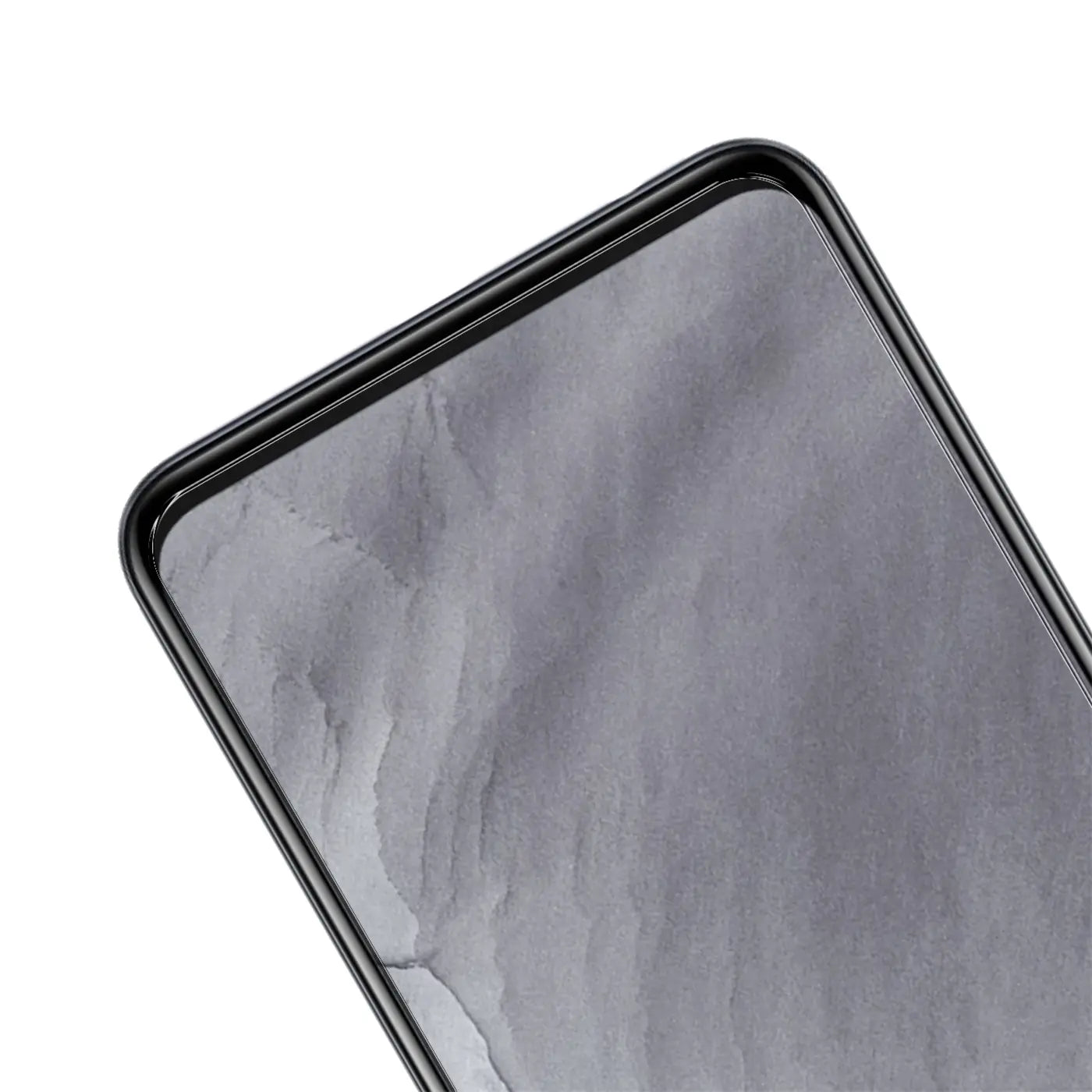 Nahaufnahme eines schwarzen Realme GT 5G Smartphones mit einem grauen Panzerglas-Displayschutz aus Glas, schräg von oben.