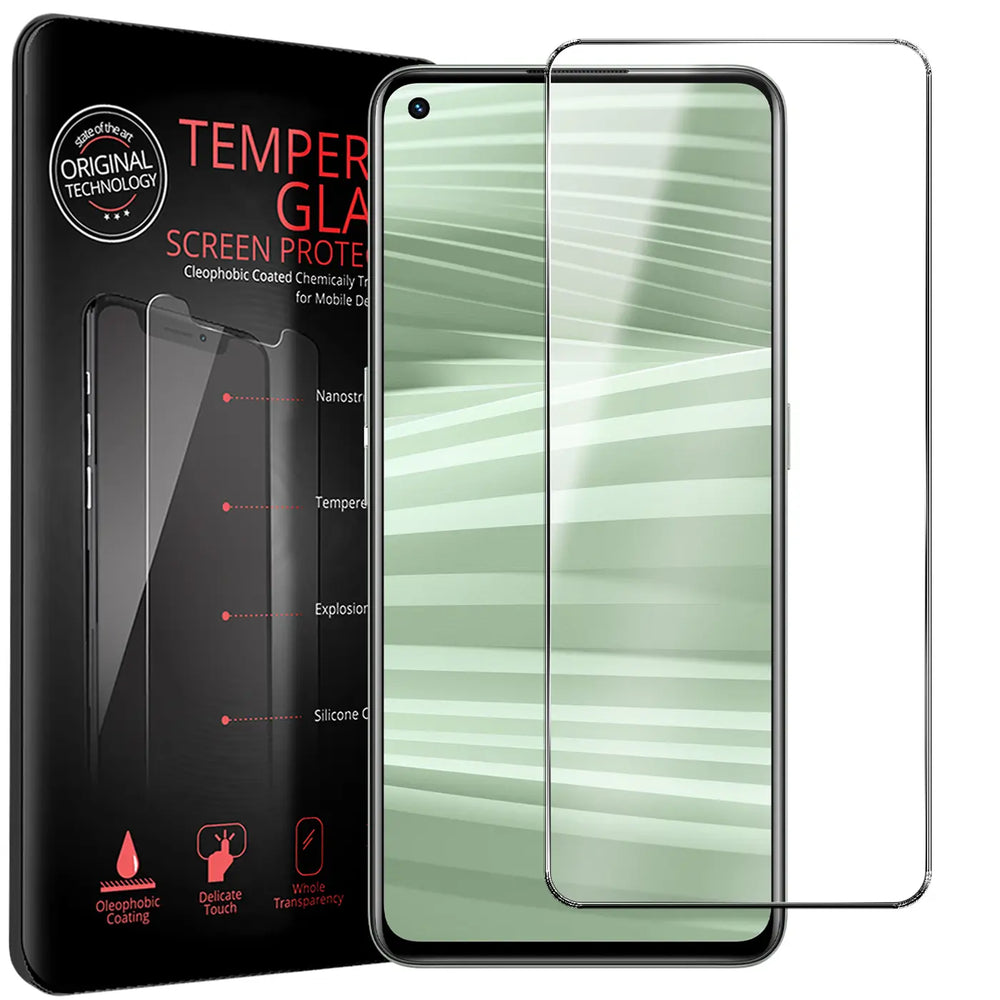 Schwarze Verpackung mit "TEMPER GLASS SCREEN PROTECTOR" und zwei transparente Panzerglas-Displayschutzfolien für ein Realme.