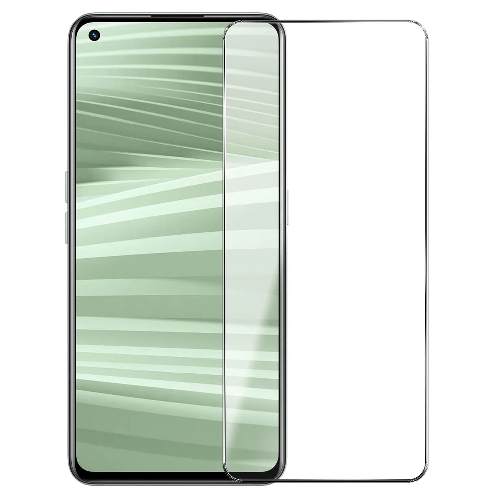 Realme GT Neo 2/GT2/Neo 3T Smartphone mit transparentem Panzerglas-Displayschutz, schräg von vorne.