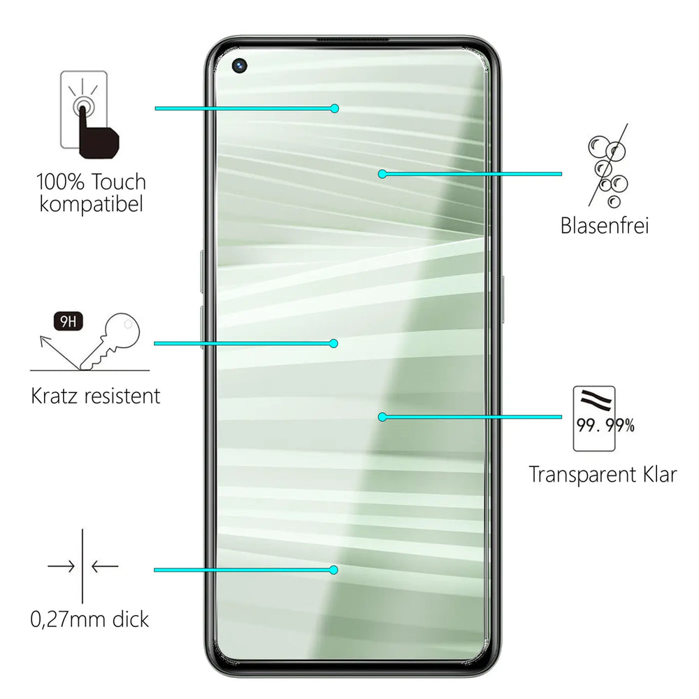 Frontansicht eines schwarzen Realme GT Neo 2 mit transparentem Panzerglas Displayschutz. Grüne Streifen auf dem Display.