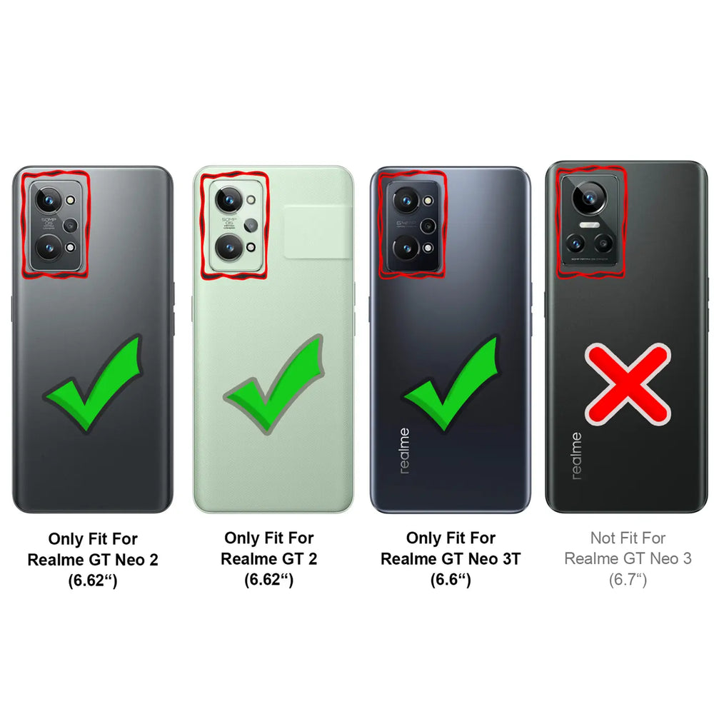 Rückseiten von 4 Realme Smartphones (GT Neo 2, GT 2, GT Neo 3T, GT Neo 3) in Schwarz und Grün mit Haken/Kreuz.