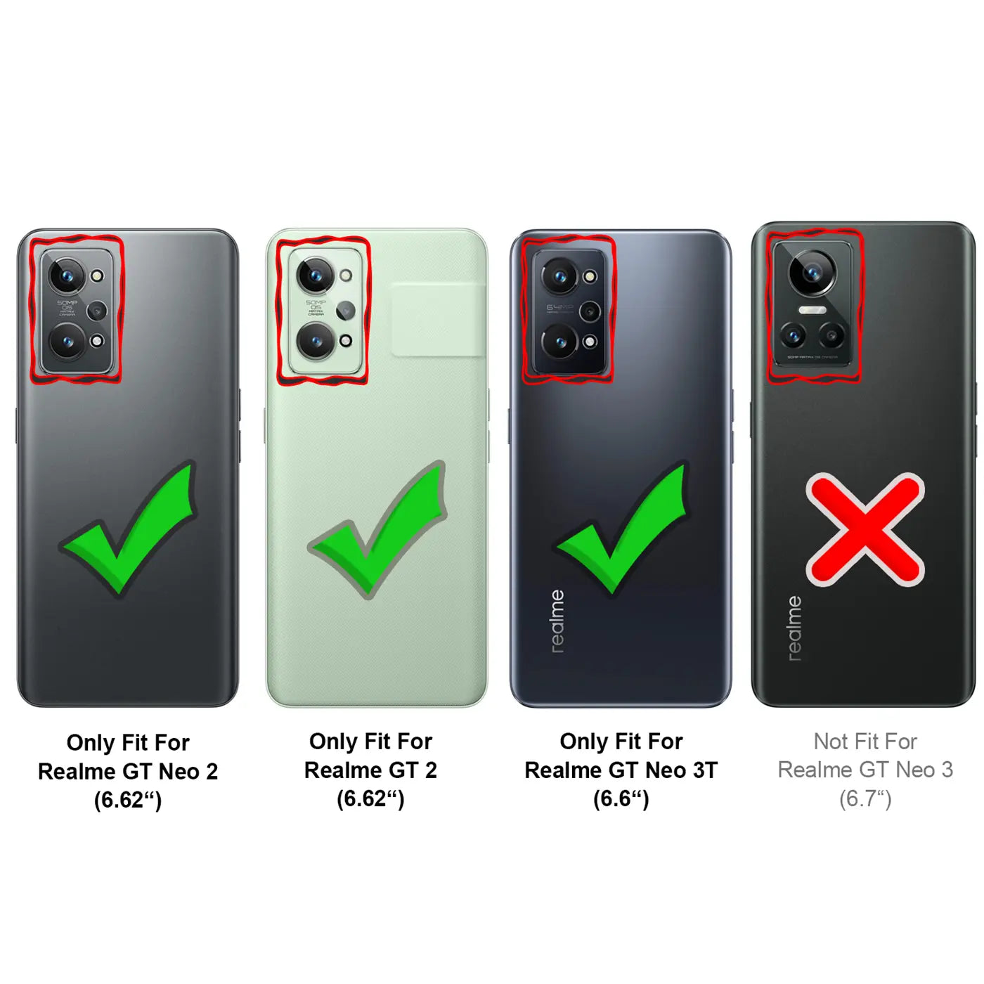 Rückseiten von 4 Realme Smartphones (GT Neo 2, GT 2, GT Neo 3T, GT Neo 3) in Schwarz und Grün mit Haken/Kreuz.
