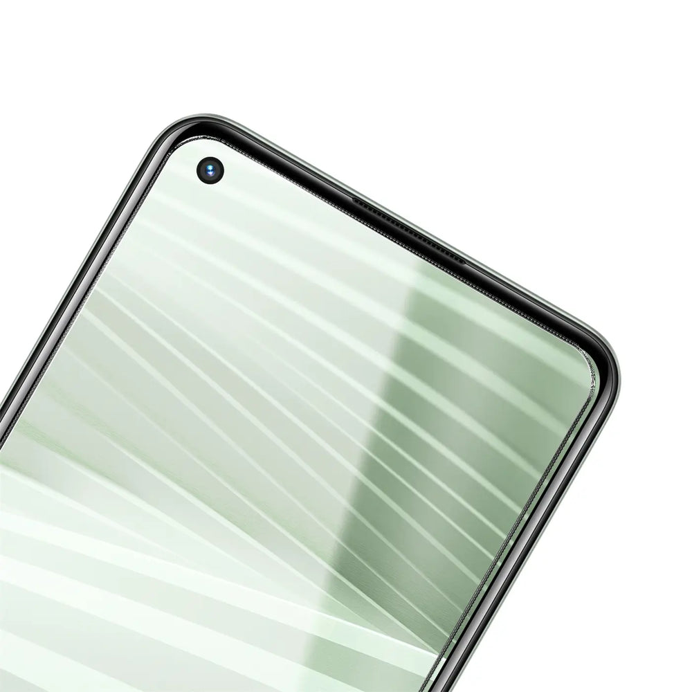 Nahaufnahme eines Realme GT Neo 2/GT2/Neo 3T Displays mit Panzerglas, Frontkamera sichtbar, schräg von oben.