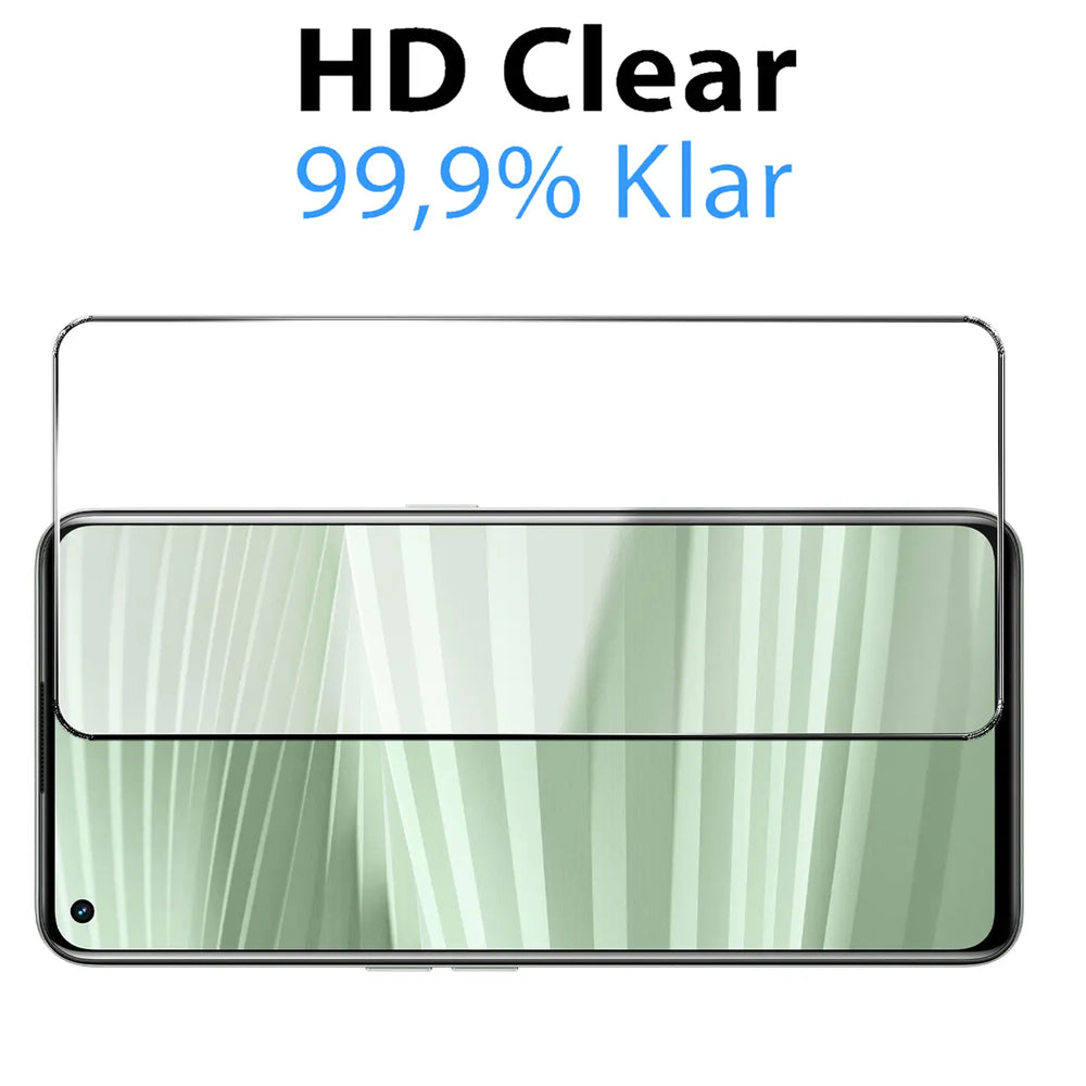Klares Panzerglas-Displayschutz auf einem Realme GT Neo 2/GT2/Neo 3T Smartphone mit grünem Hintergrund, von vorne.