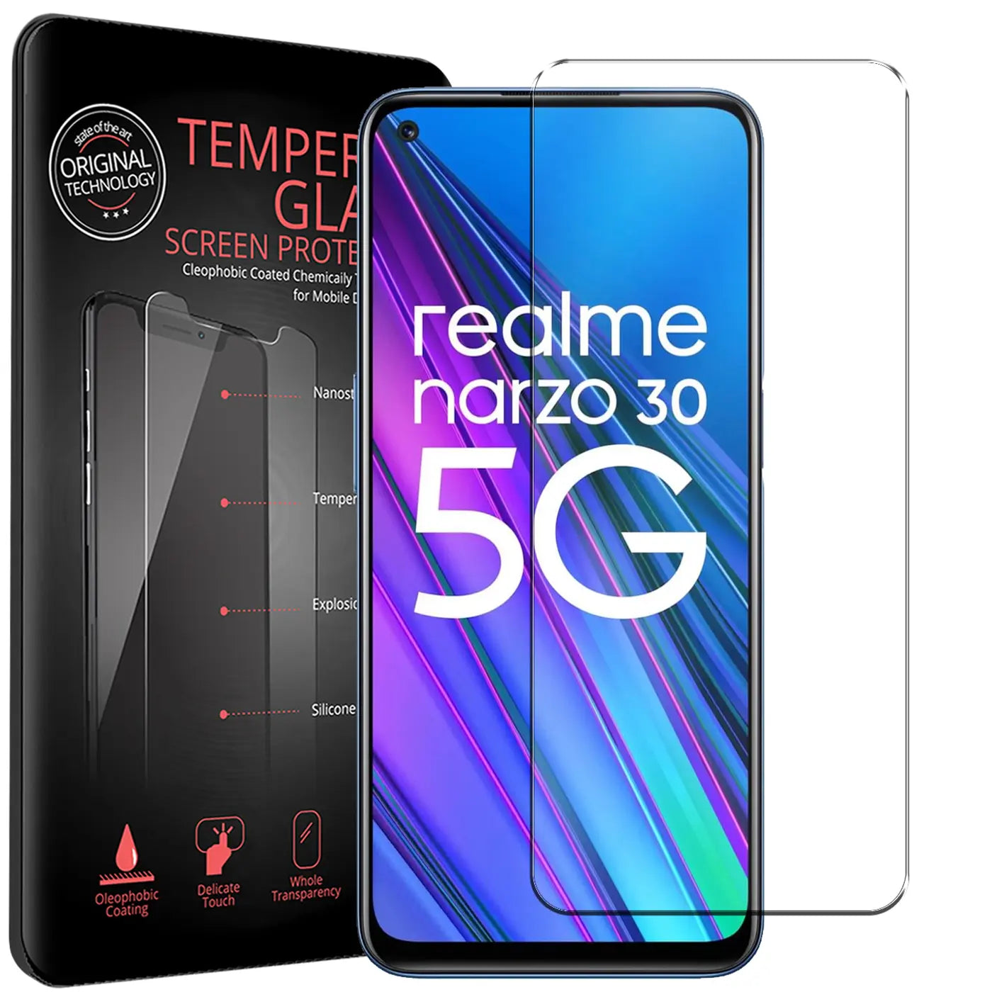 Realme Narzo 30 5G mit Displayschutzfolie aus Glas, daneben schwarze Verpackung mit "TEMPERED GLASS SCREEN PROTECTOR".