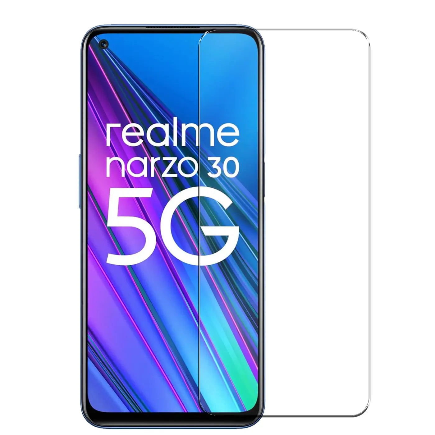 Realme Narzo 30 5G Smartphone mit blauem Rahmen, von vorne, daneben ein transparentes Panzerglas-Displayschutz.