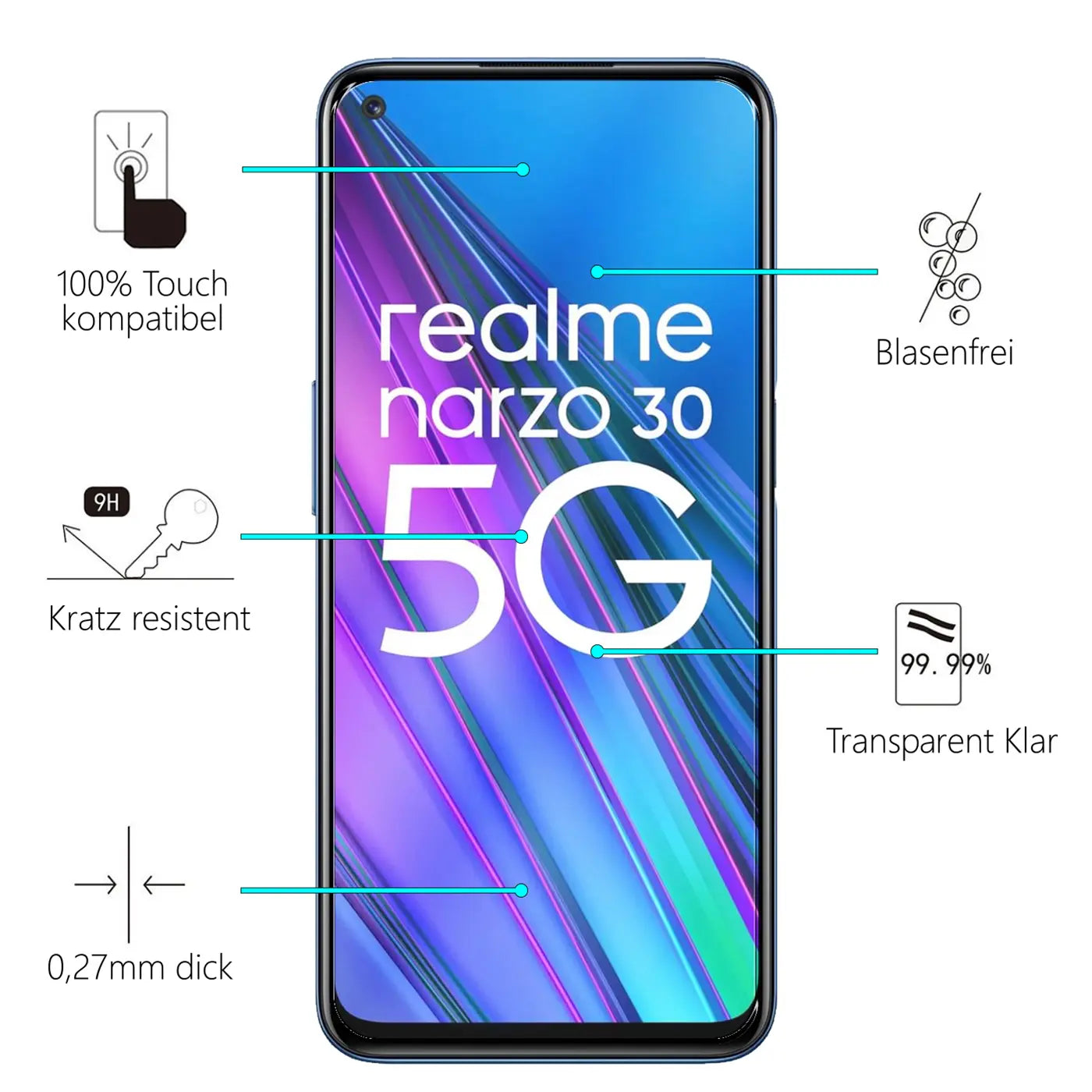Blaues Realme Narzo 30 5G Smartphone, frontal, mit Display-Schutzfolie und Produktmerkmalen auf weißem Hintergrund.