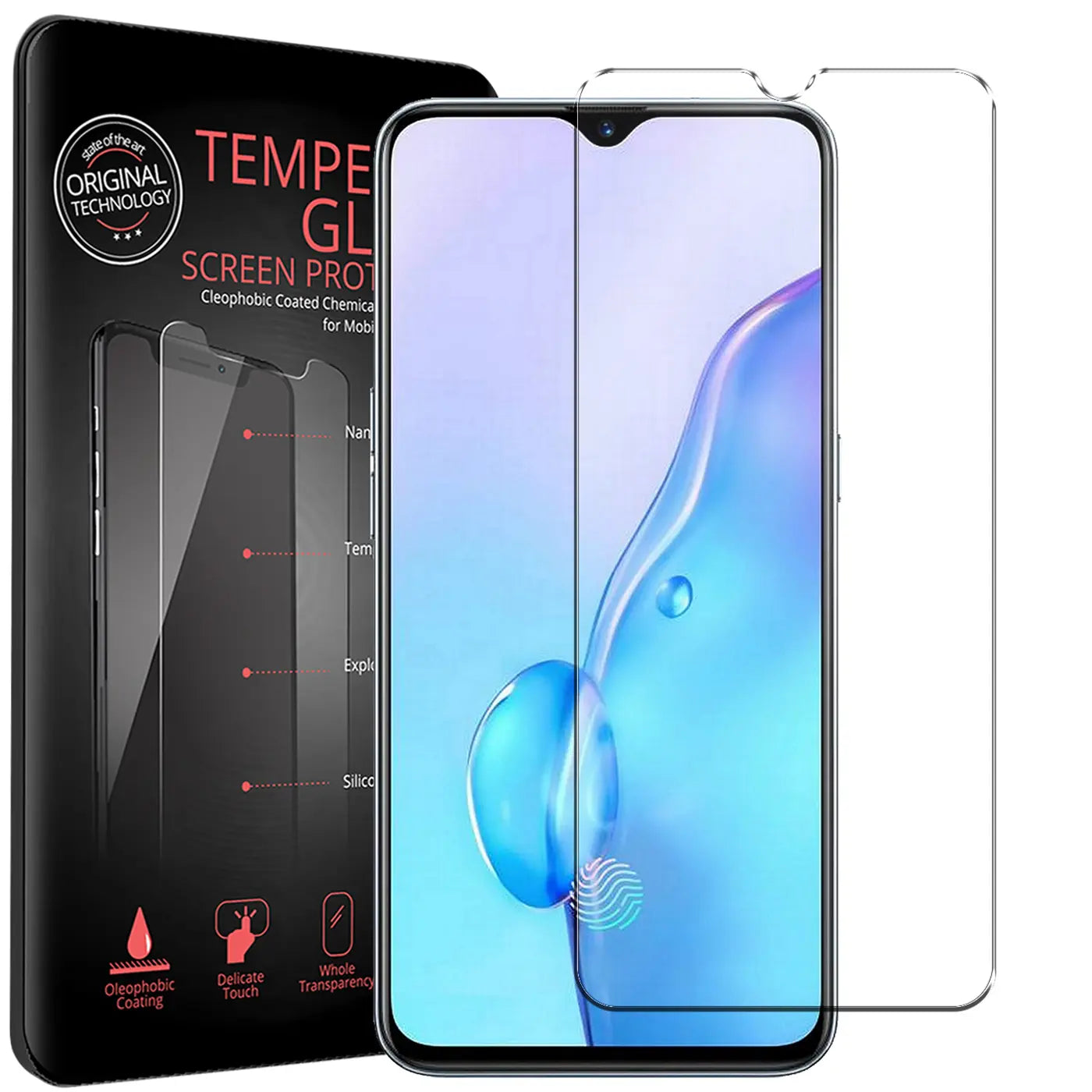 Schwarze Verpackung mit 2 transparenten Panzergläsern für Realme X2 Pro. Eines ist auf dem Handy angebracht.