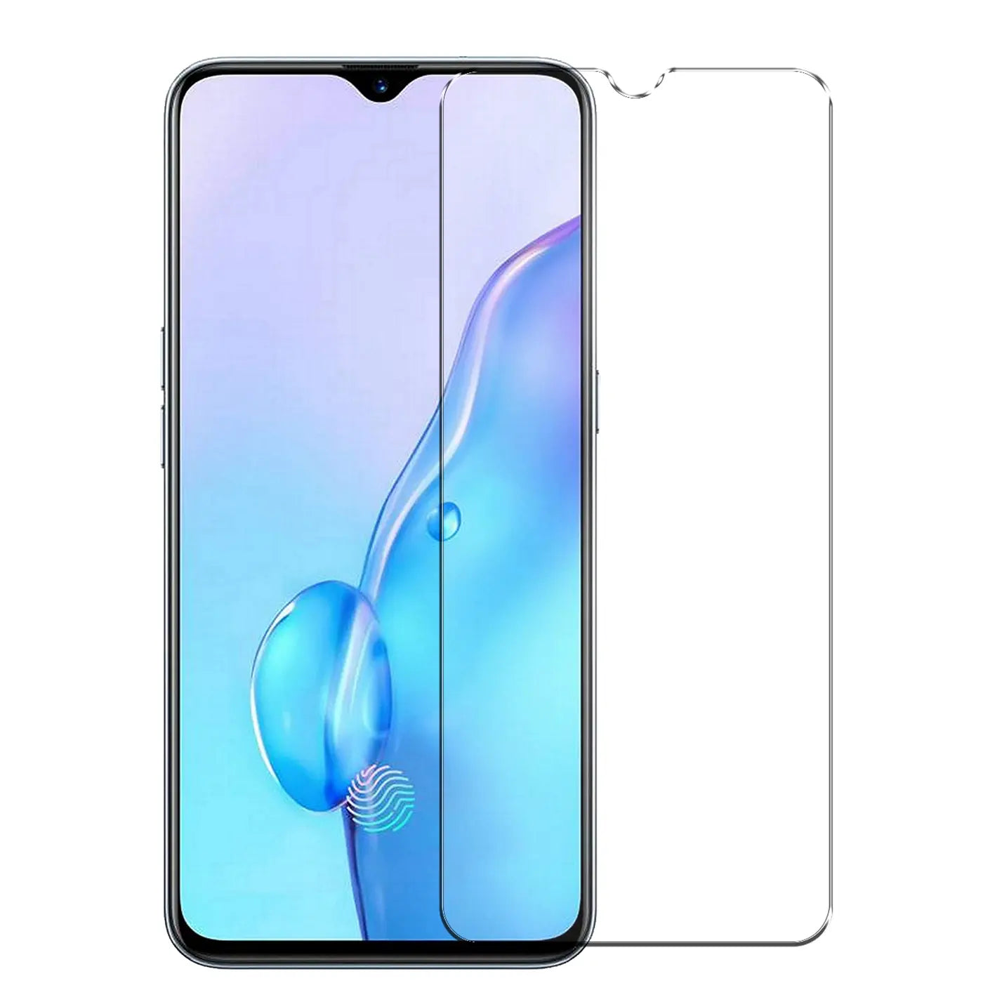 Transparentes Panzerglas für Realme X2 Pro, links auf Smartphone-Display, rechts daneben liegend, von vorne.