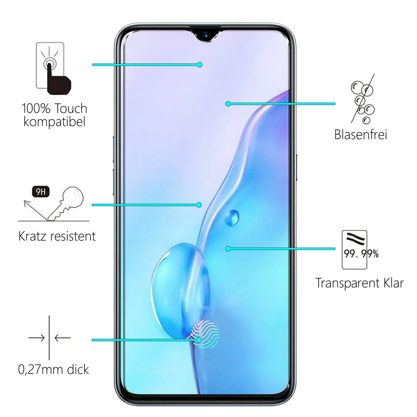 Realme X2 Pro mit transparentem Panzerglas-Displayschutz (Glas) von vorne, umgeben von Icons und Texten.