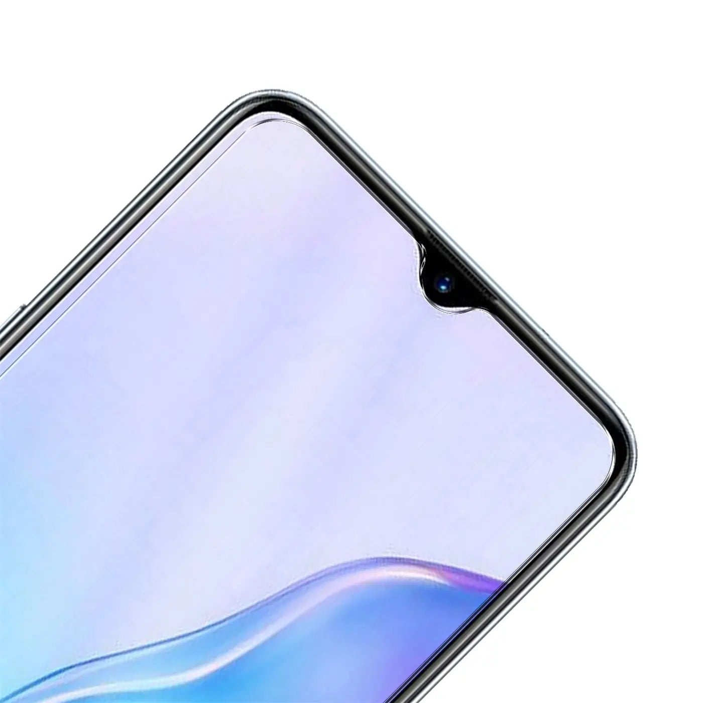 Nahaufnahme des oberen Bereichs eines Realme X2 Pro Smartphones mit installiertem, transparentem Panzerglas-Displayschutz.