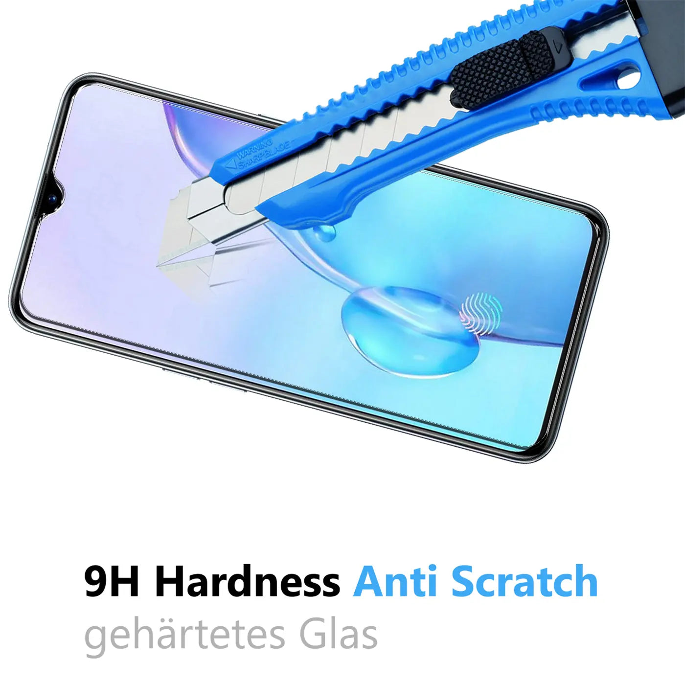Blaues Cuttermesser kratzt auf dem Display eines Realme X2 Pro Handys mit Panzerglas. Unten Text: 9H Härte, Anti-Kratz.