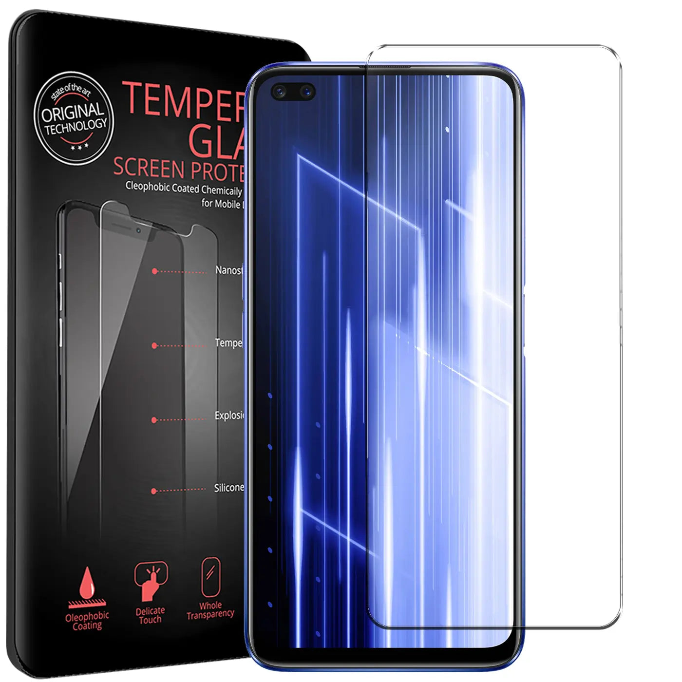 Schwarze Verpackung für Panzerglas, daneben ein Realme X50 5G mit blauem Display und ein separates Panzerglas.