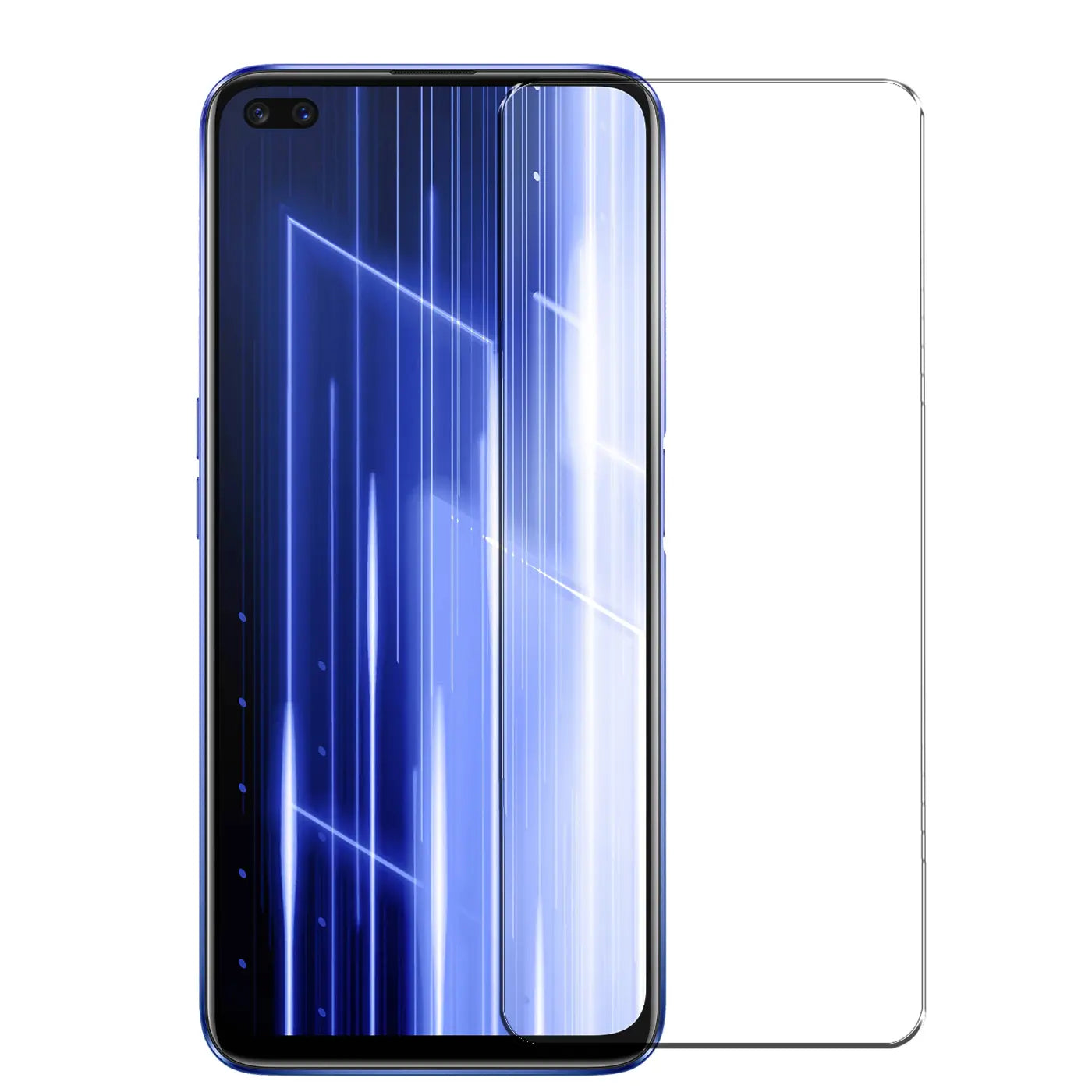 Realme X50 5G/X3 Smartphone mit blauem Display und daneben liegendem, transparentem Panzerglas-Displayschutz.