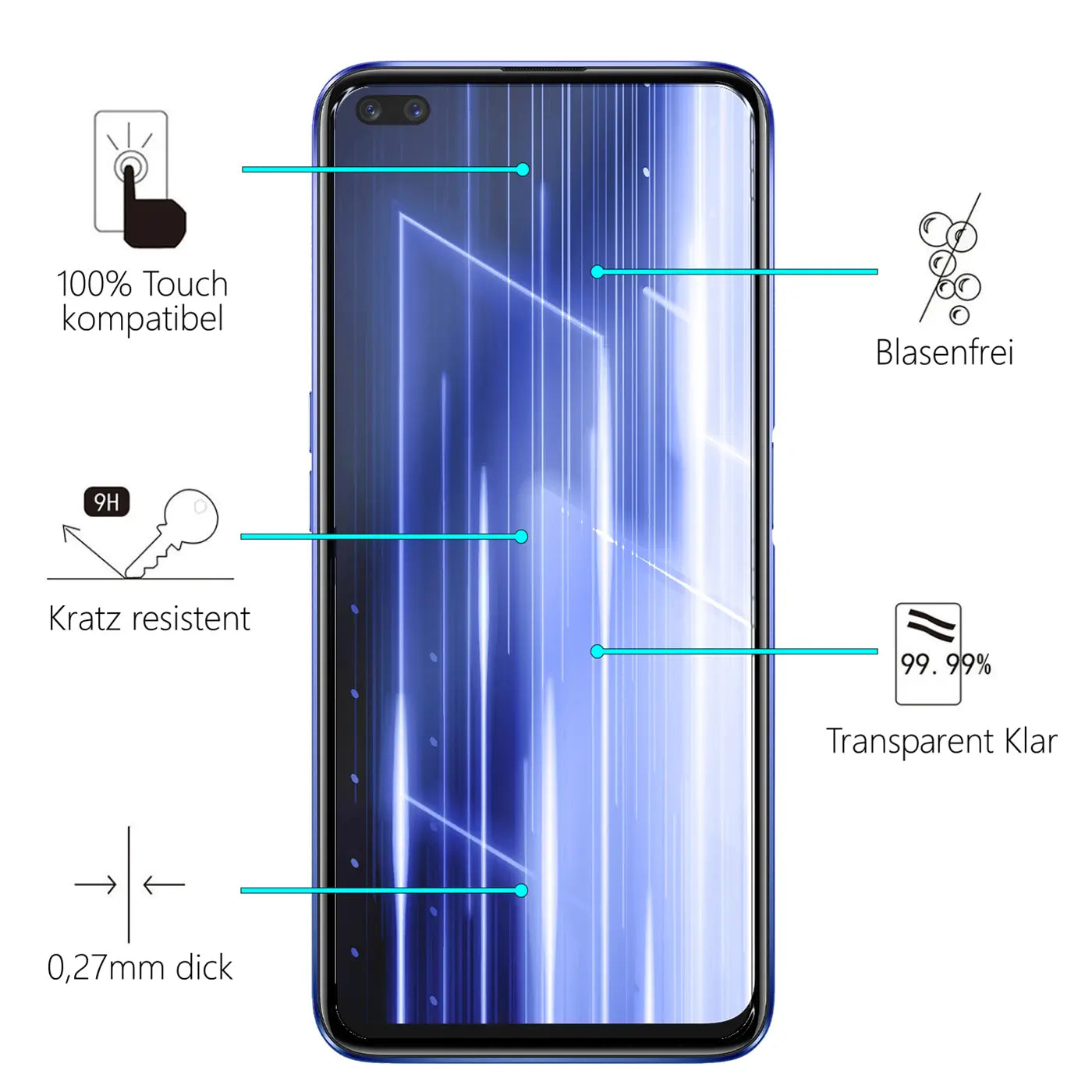 Realme X50 5G / X3 Smartphone mit blauem Displayschutz aus Glas, frontal, mit Beschreibungen der Eigenschaften.
