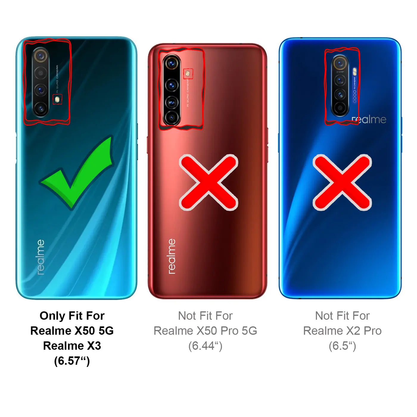 Drei Realme-Smartphones von hinten: Türkises X50 5G/X3 mit grünem Haken, rotes X50 Pro 5G und blaues X2 Pro mit roten X.