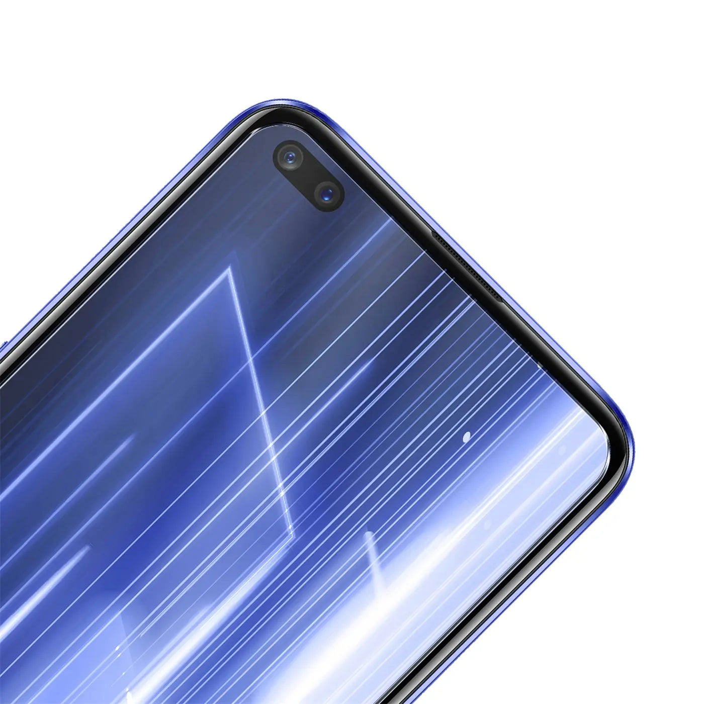 Nahaufnahme des oberen Bereichs eines Realme X50 5G/X3 Smartphones mit blauem Display und zwei Frontkameras.