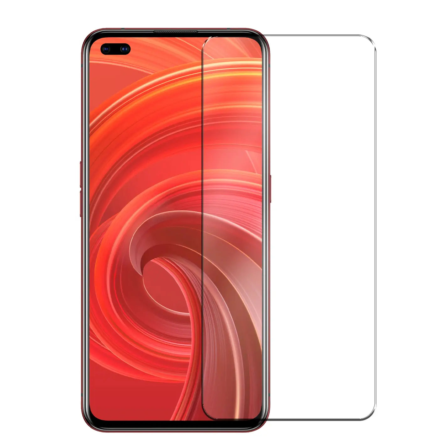 Realme X50 Pro Handy mit rotem Display und zwei transparenten Panzerglas-Displayschutzfolien, frontal.