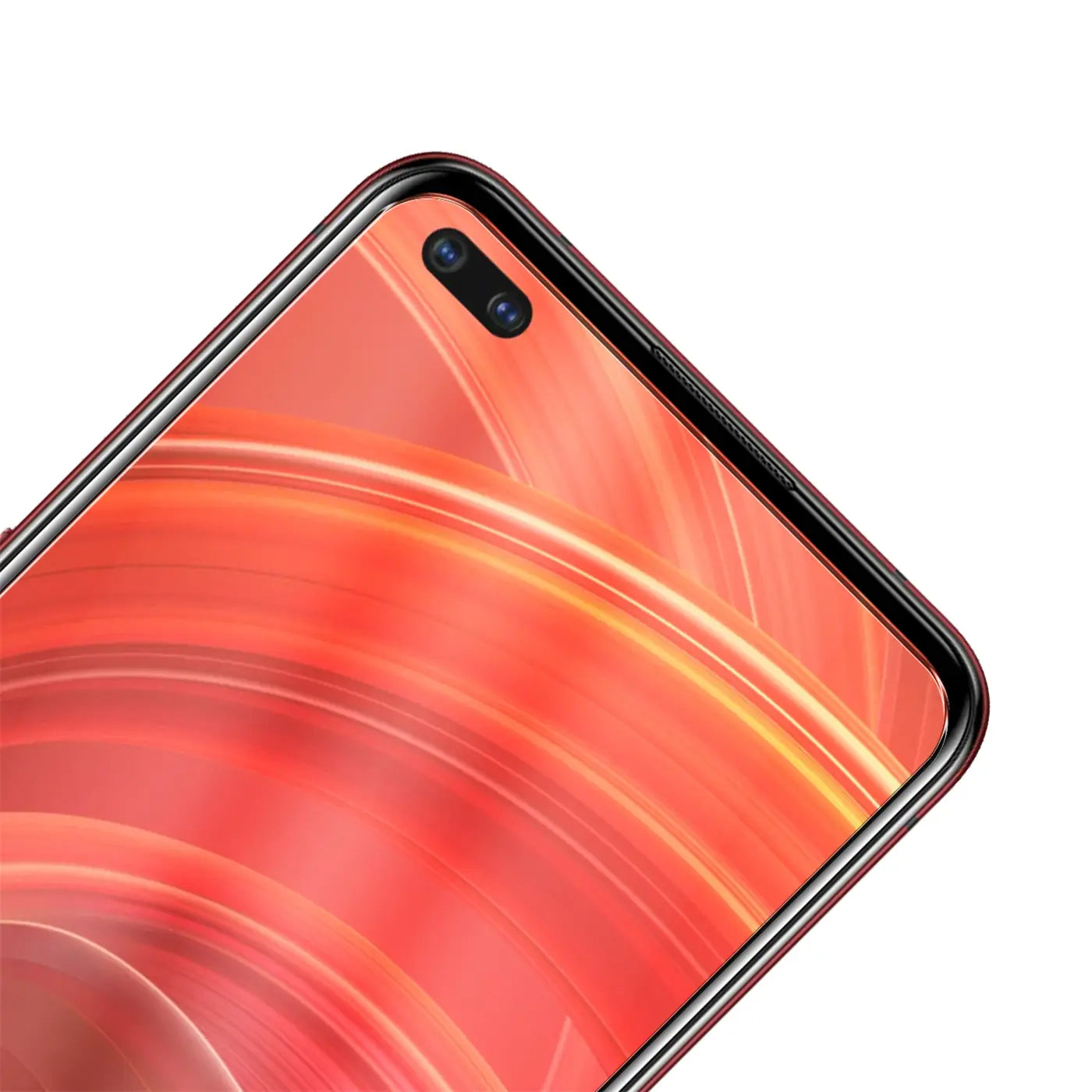 Nahaufnahme des oberen linken Bereichs eines Realme X50 Pro Smartphones mit rotem Display und zwei Frontkameras.