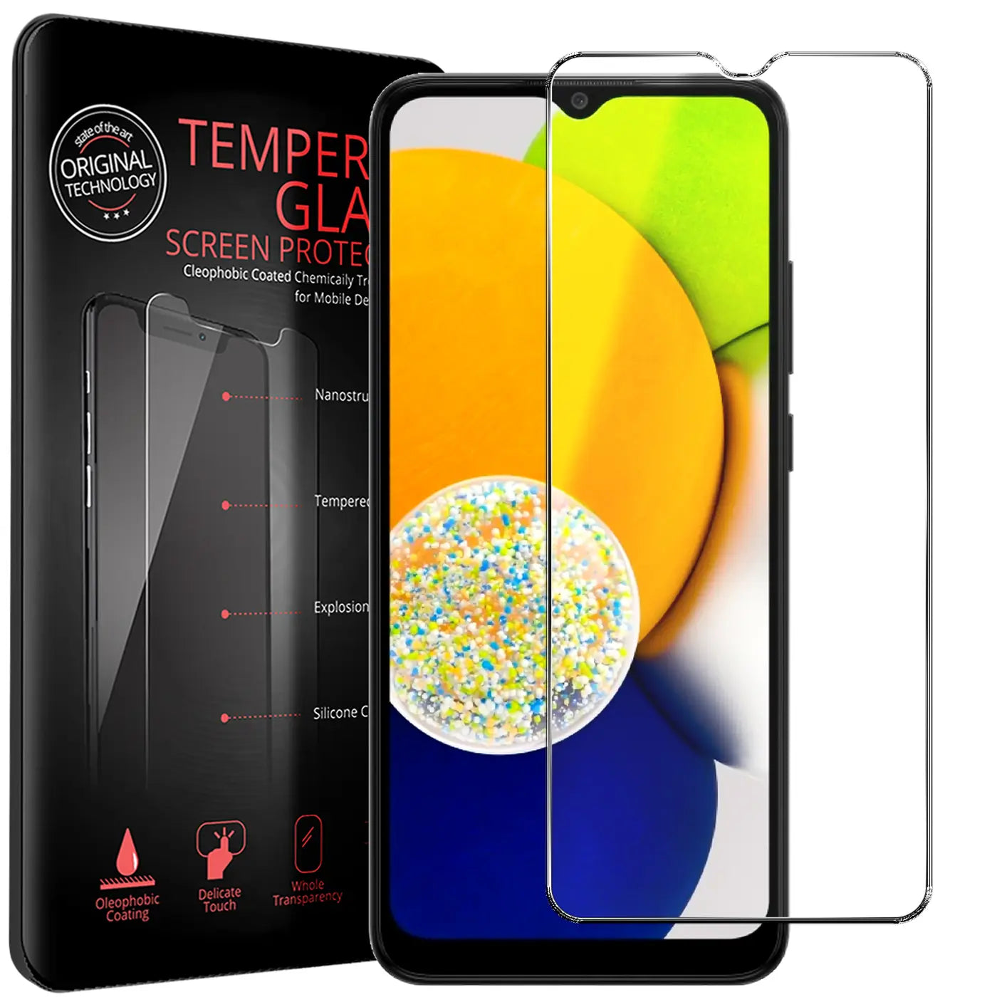 Schwarze Verpackung mit "TEMPER GLAS" Schriftzug, daneben ein schwarzes Samsung Galaxy A03 mit Displayschutz.